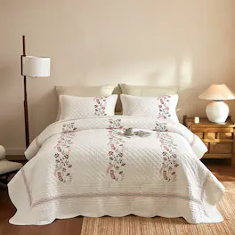 MarCielo - 3 Pieces Cotton European Folk Embroidered Quilt Bedspread Set Modern Farmhouse Style - White