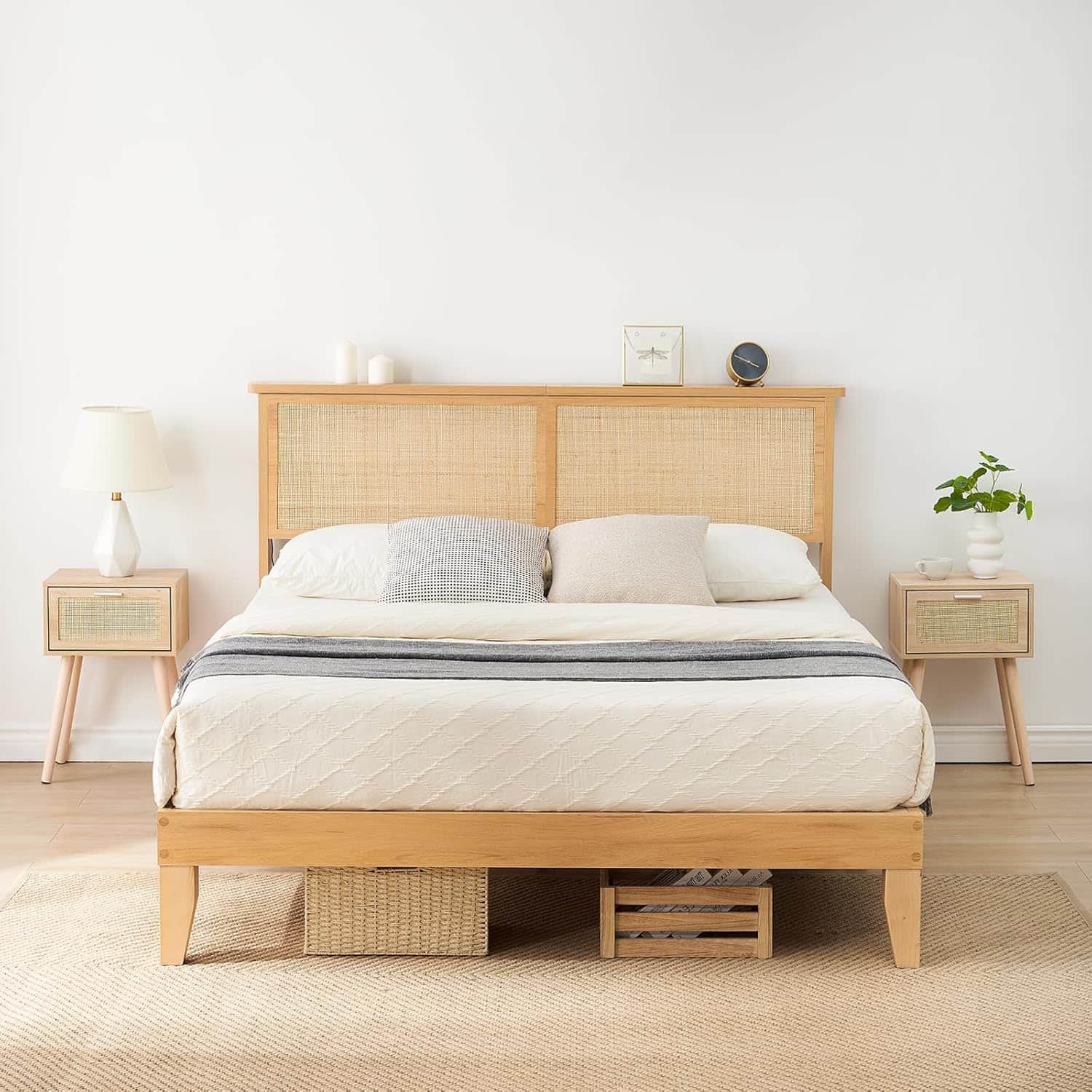 Jojoka - Queen Size Rattan Bed Frame with Natural Headboard, LED Lights, Wood Slats, Storage, No Box Spring, Bohemian - Oak