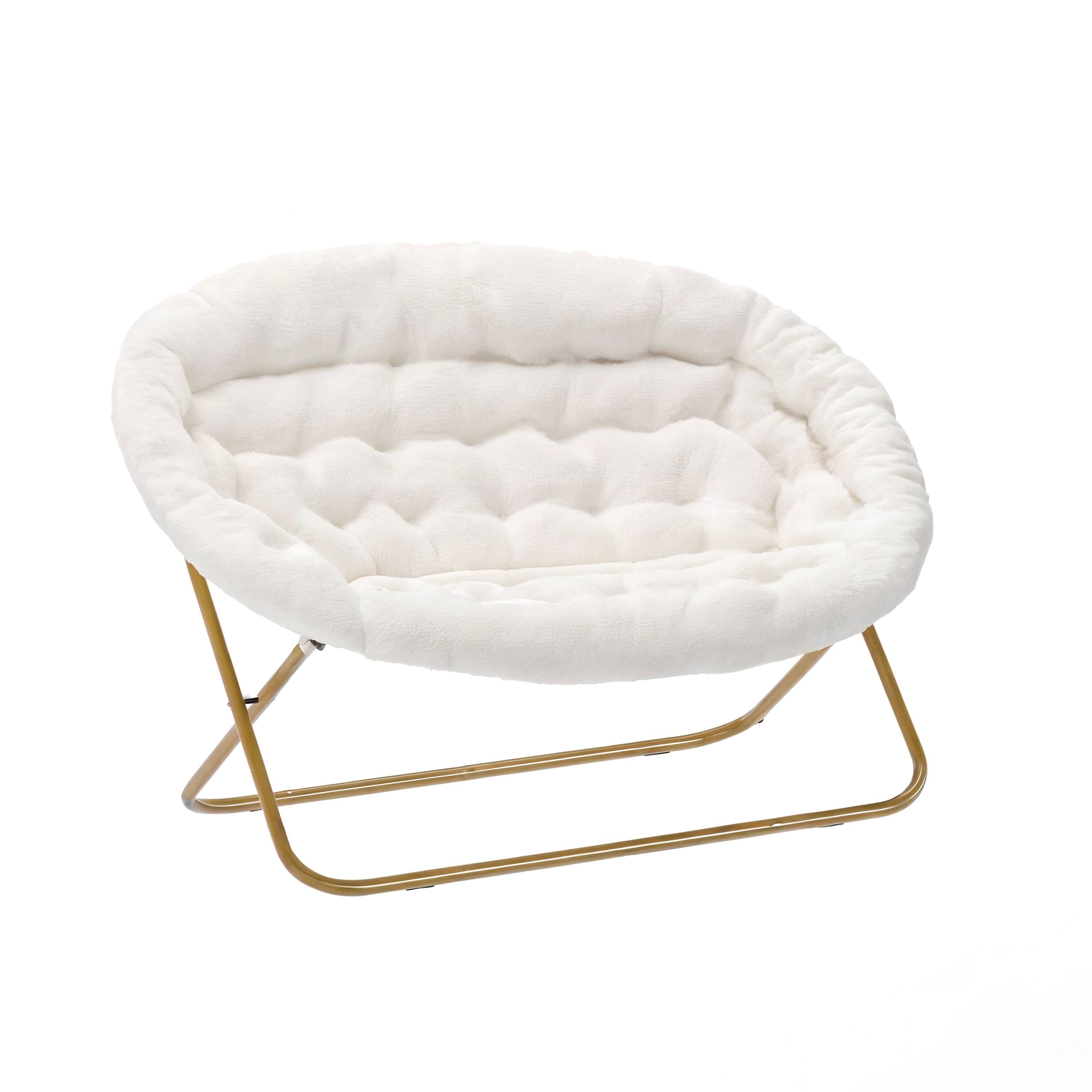 Alt View 8. Emma + Oliver - Janey Folding Double Saucer Chair with 2 Ottomans and Steel Frame for Dorm or Bedroom - Ivory Faux Shearling Fabric/Soft Gold Frame.