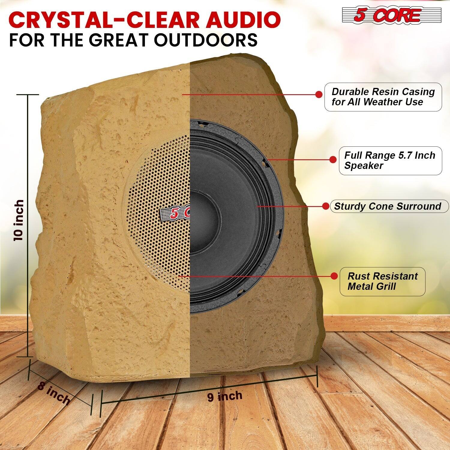 CRYSTAL-CLEAR AUDIO FOR THE GREAT OUTDOORS

5 CORE
Durable Resin Casing for All Weather Use
Full Range 5.7 Inch Speaker
Sturdy Cone Surround
Rust Resistant Metal Grill

8 inch
9 inch
10 inch
