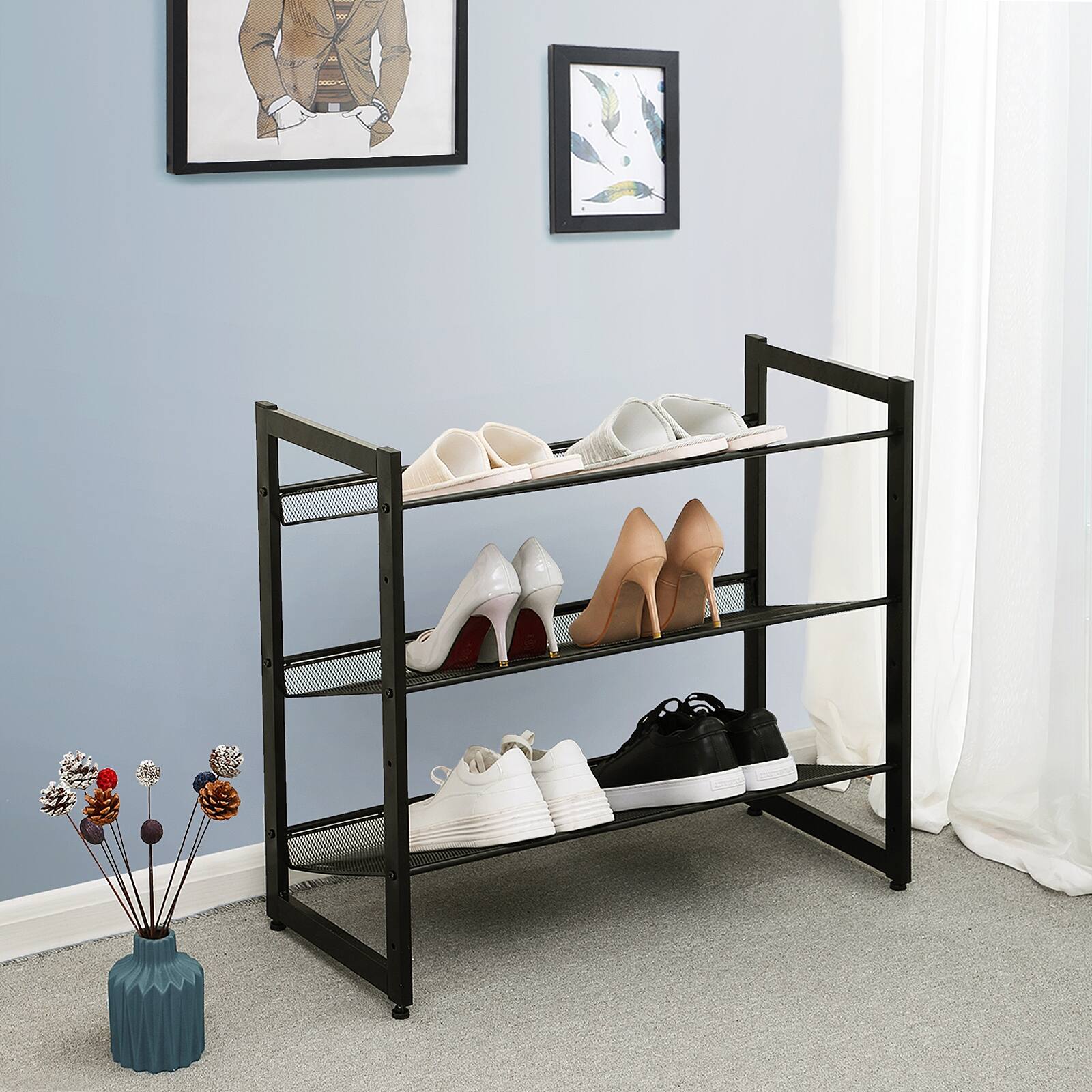 Angle. Songmics Home - Shoe Rack, 3-Tier Shoe Organizer, Metal Shoe Storage for Garage, Stackable Shoe Shelf - Ink Black.