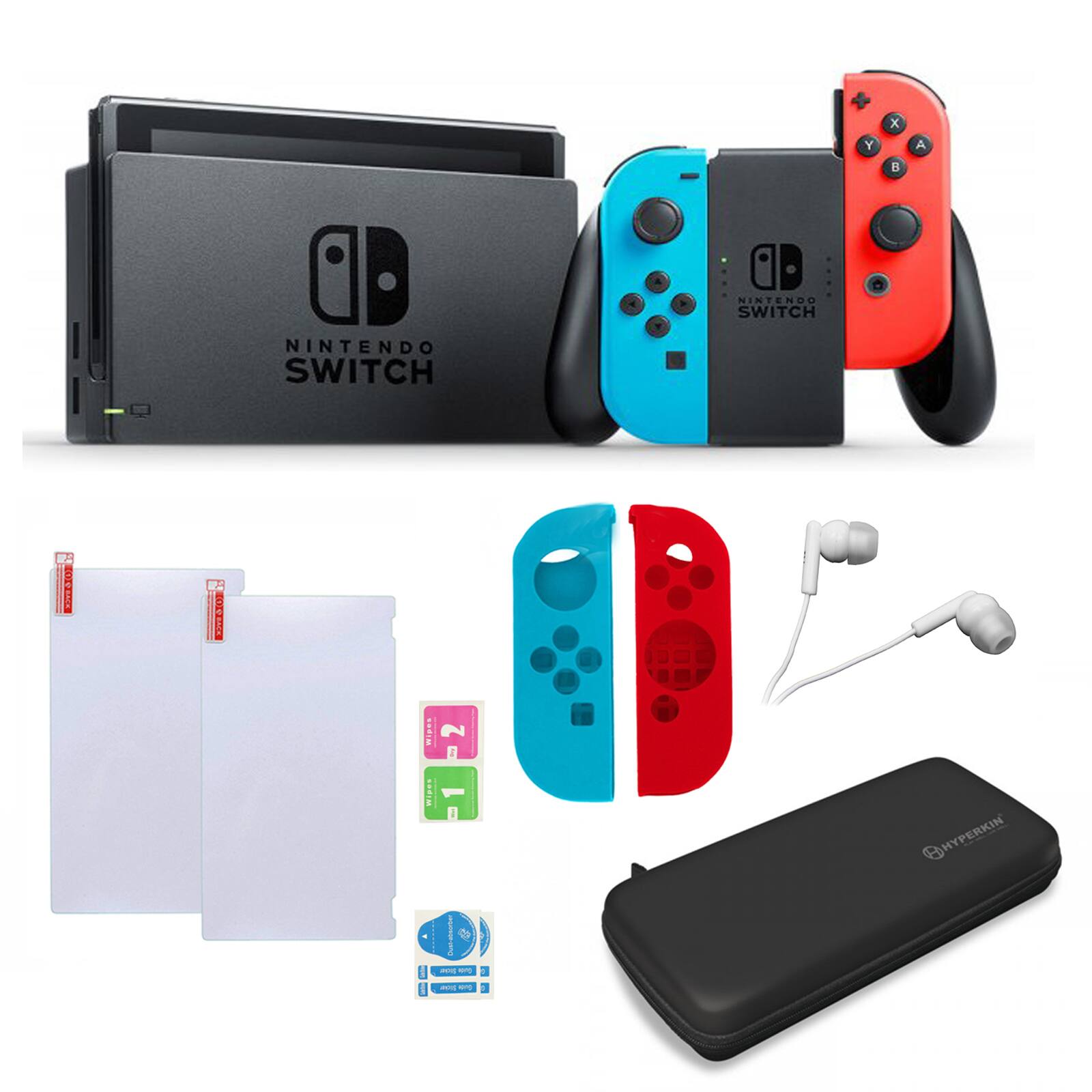 The image features a Nintendo Switch console with a blue and red controller, along with a case and a charger. The console is placed on top of the case, and the controller is positioned next to it. The charger is also present, indicating that the Switch is ready for use. The image showcases the various components of the Nintendo Switch gaming system, making it an appealing display for gamers and enthusiasts.