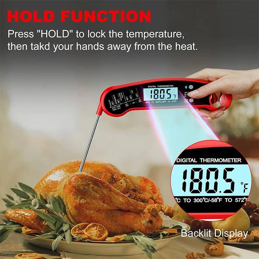**HOLD FUNCTION**  
Press "HOLD" to lock the temperature, then take your hands away from the heat.

**DIGITAL THERMOMETER**  
180.5°F  
°C TO 300°C/-58°F TO 572°F  
Backlit Display