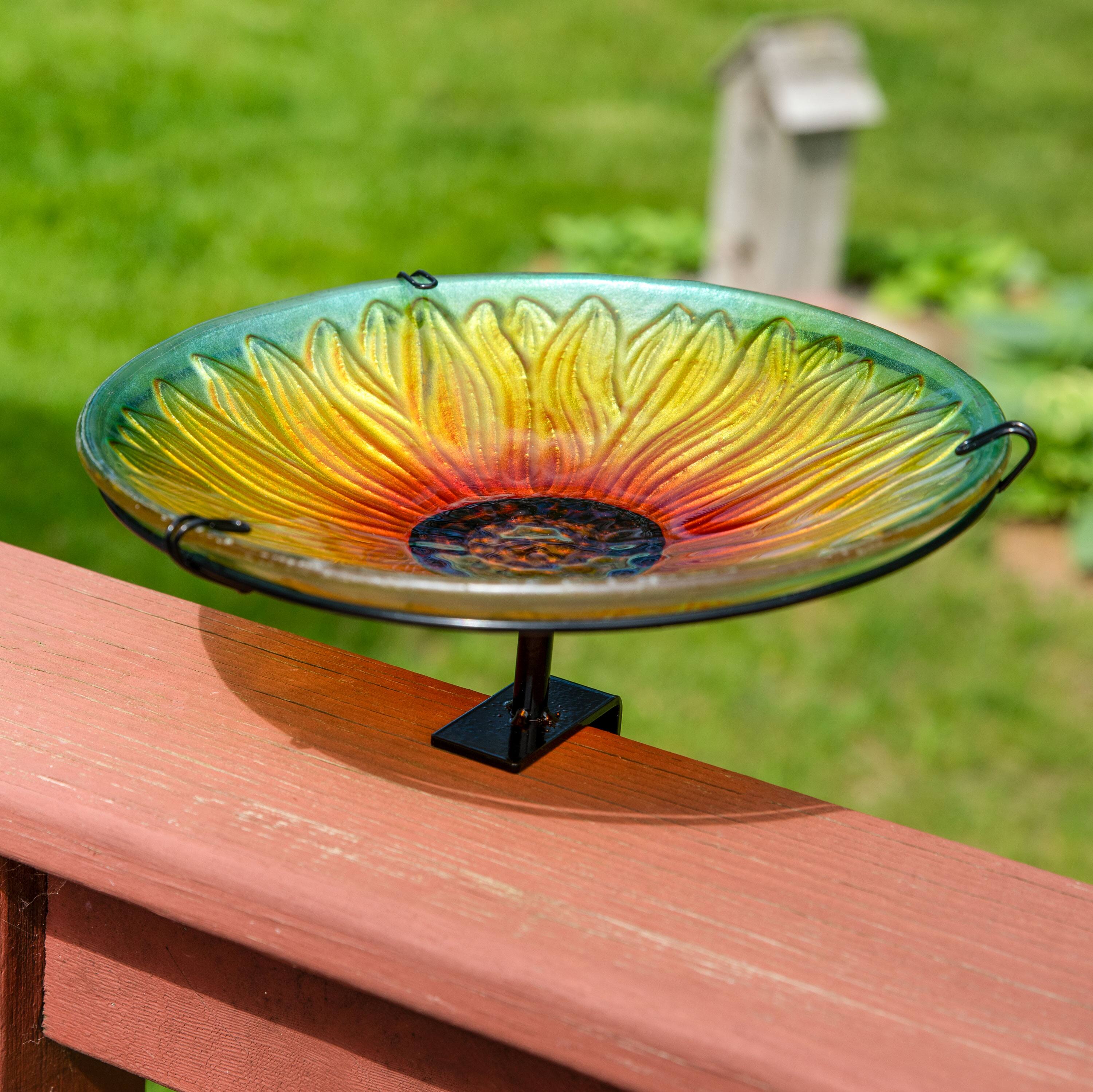 Alt View 1. Sunnydaze - Deck-Mounted Glass Bird Bath with Stake - Blooming Sunflower.