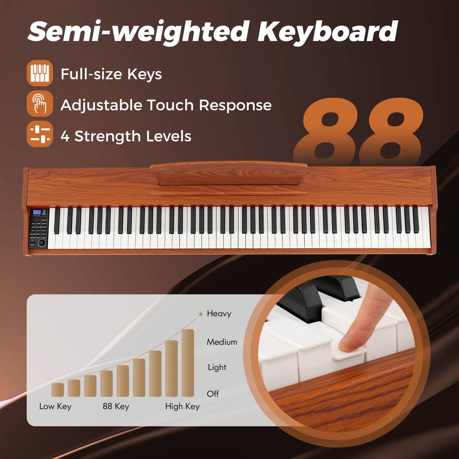 Semi-weighted Keyboard

- Full-size Keys
- Adjustable Touch Response
- 4 Strength Levels

88

Heavy  
Medium  
Light  
Off

Low Key  
88 Key  
High Key