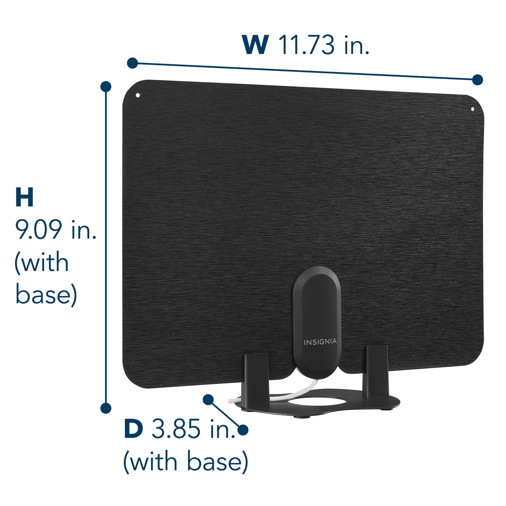 The image shows a television with a black frame and a stand. The television is 11.73 inches wide and 9.09 inches high (with base). The stand is made by Insight and is 3.85 inches deep (with base).
