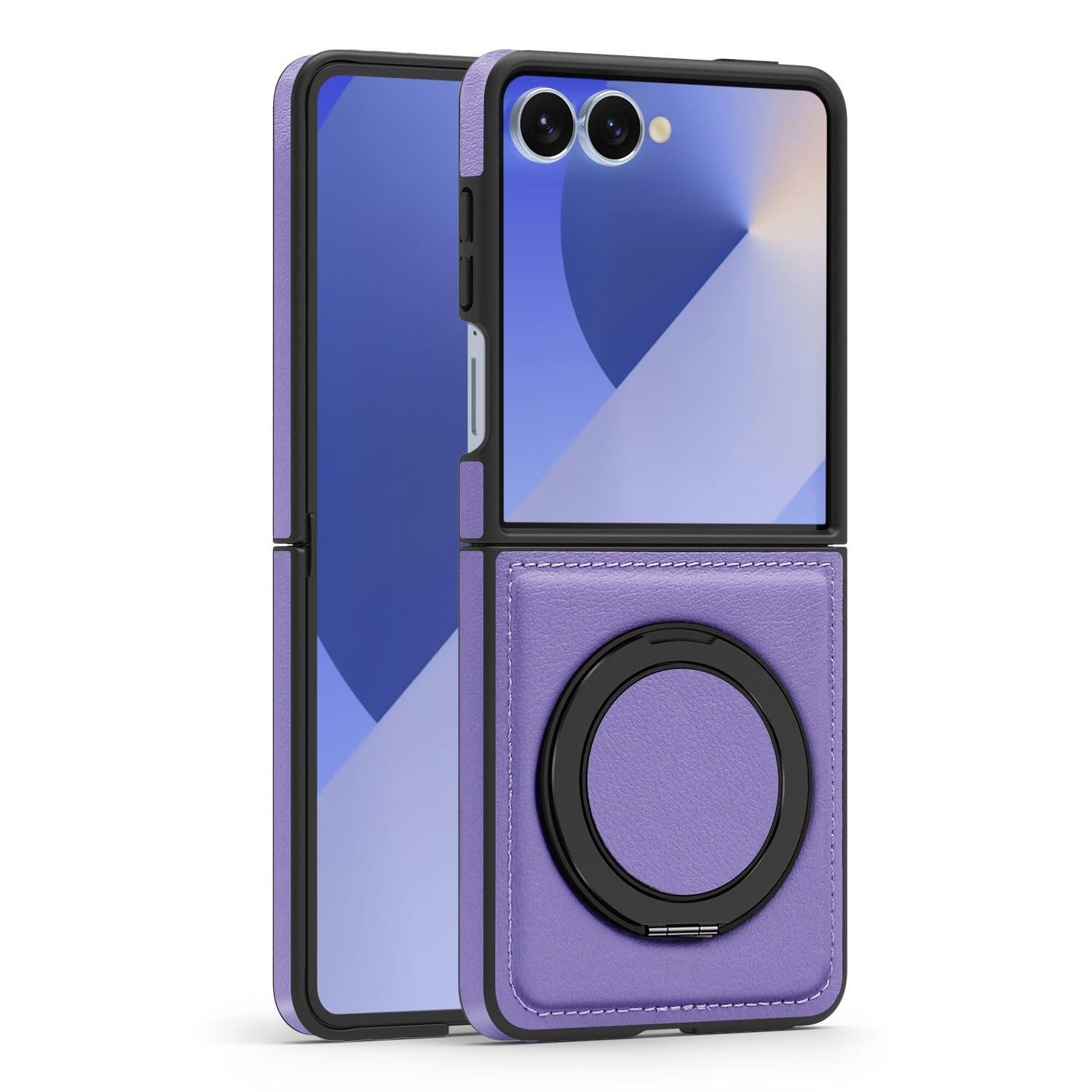 Angle. Dteck - Leather Case for Samsung Galaxy Z Flip 8,Shockproof Compatible with Mag Safe 360 Rotation Ring Kickstand Cover - Purple.