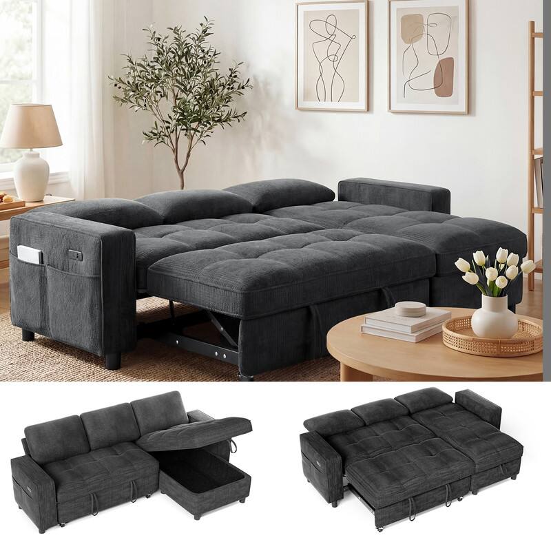 Alt View 6. Dyonery - Dyonery 81" Sleeper Sofa, Convertible Sofa Bed with Storage, Sectional Couch L Shaped 3 Seat Sectional Sleeper Sofa - Gray.