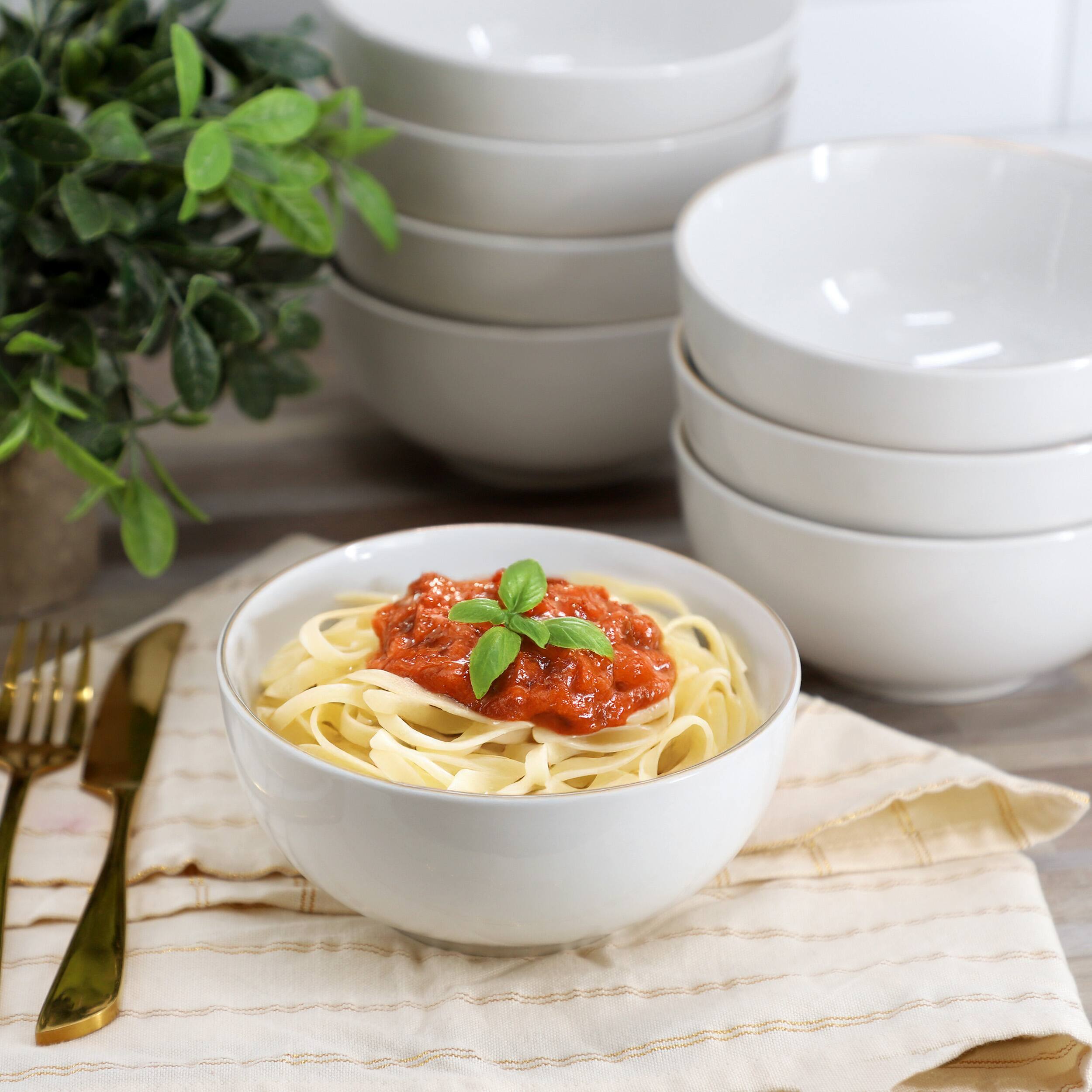 Alt View 4. Gibson - Gibson Home Ogalla 8 Piece Fine Ceramic 6 Inch 22 Ounce Cereal Bowl Set in White with Gold Rim - White.