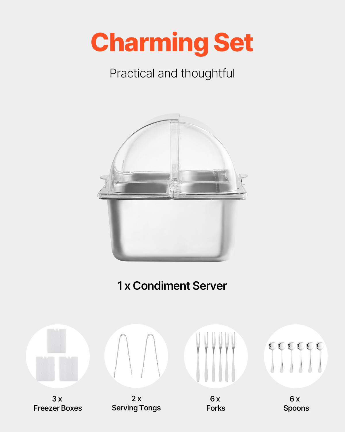 Charming Set  
Practical and thoughtful  

1 x Condiment Server  
3 x Freezer Boxes  
2 x Serving Tongs  
6 x Forks  
6 x Spoons