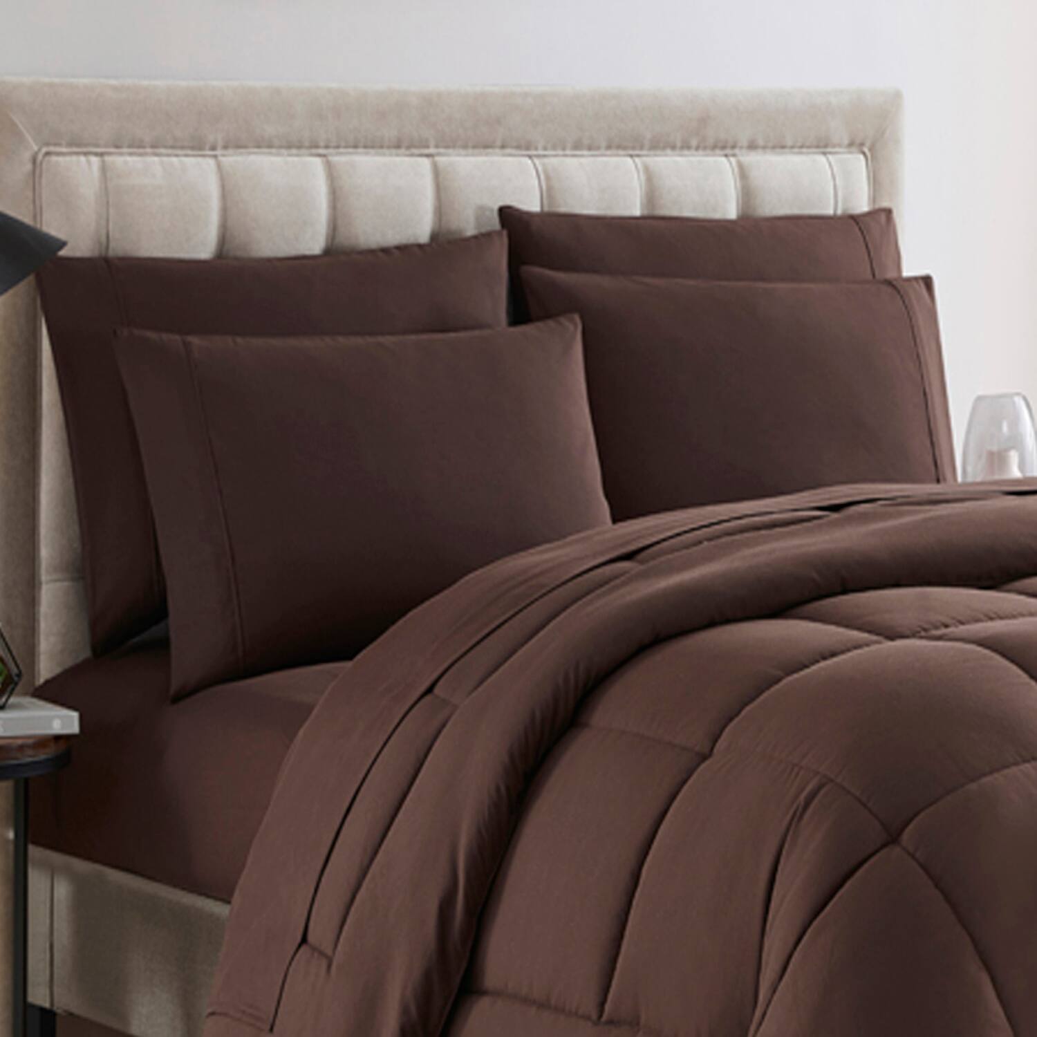 Angle. Sweet Home Collection - All Season Reversible Bed-in-A-Bag Solid Color Comforter & Sheet Set, Twin XL - Brown.