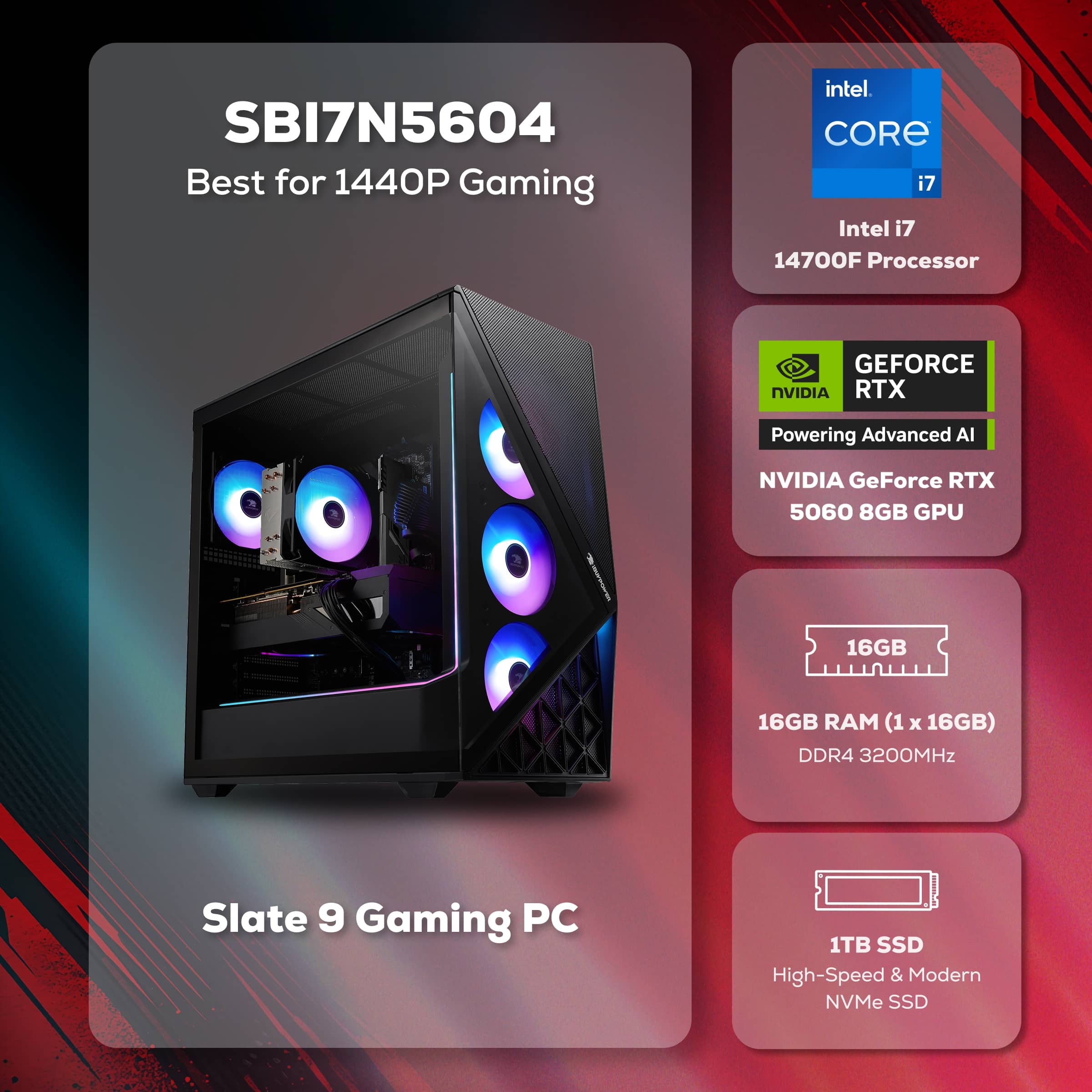 iBUYPOWER Slate Gaming Desktop PC Intel Core i7 14700F, NVIDIA