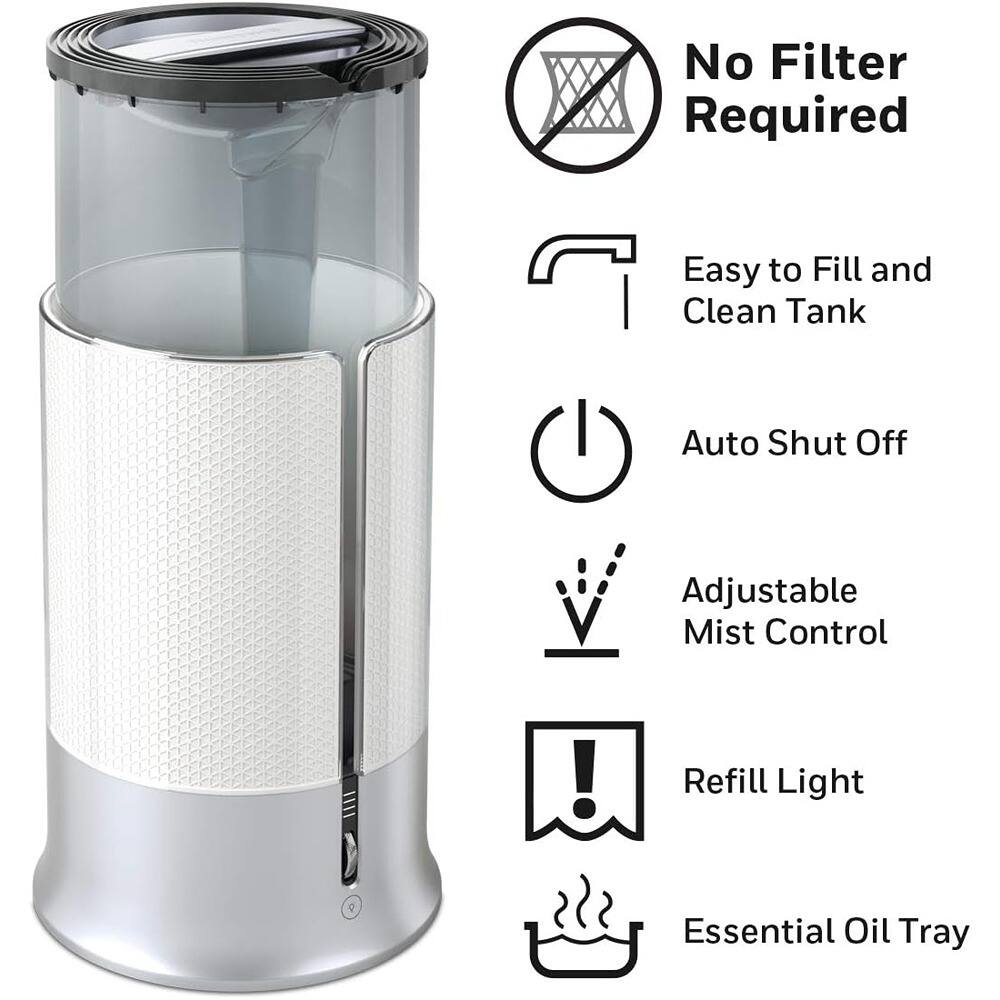 - No Filter Required
- Easy to Fill and Clean Tank
- Auto Shut Off
- Adjustable Mist Control
- Refill Light
- Essential Oil Tray