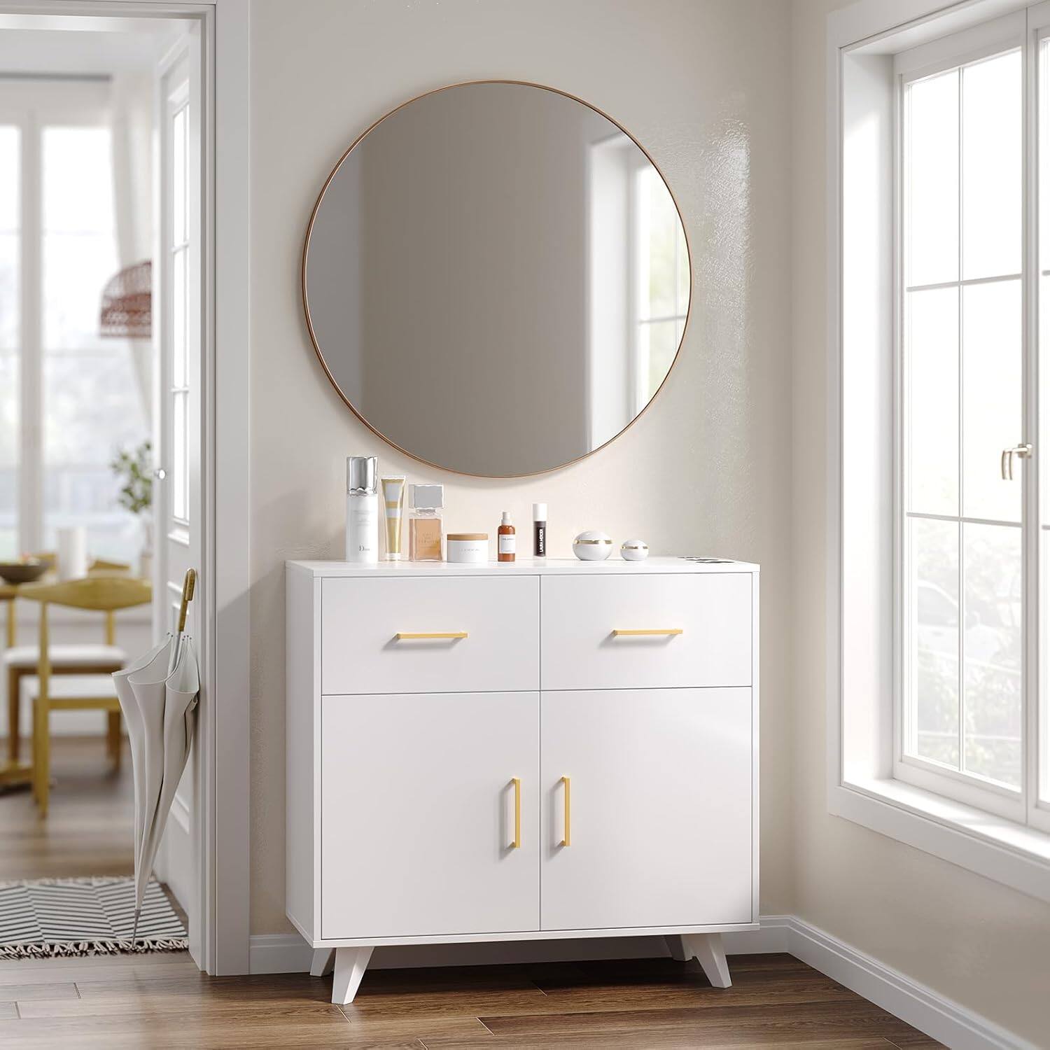 Alt View 4. Winado - Wall Mount Salon Station Hair Stylist Station with Round Mirror & 2 Large Drawers & 1 Spacious Cabinet for Barber Beauty - White.