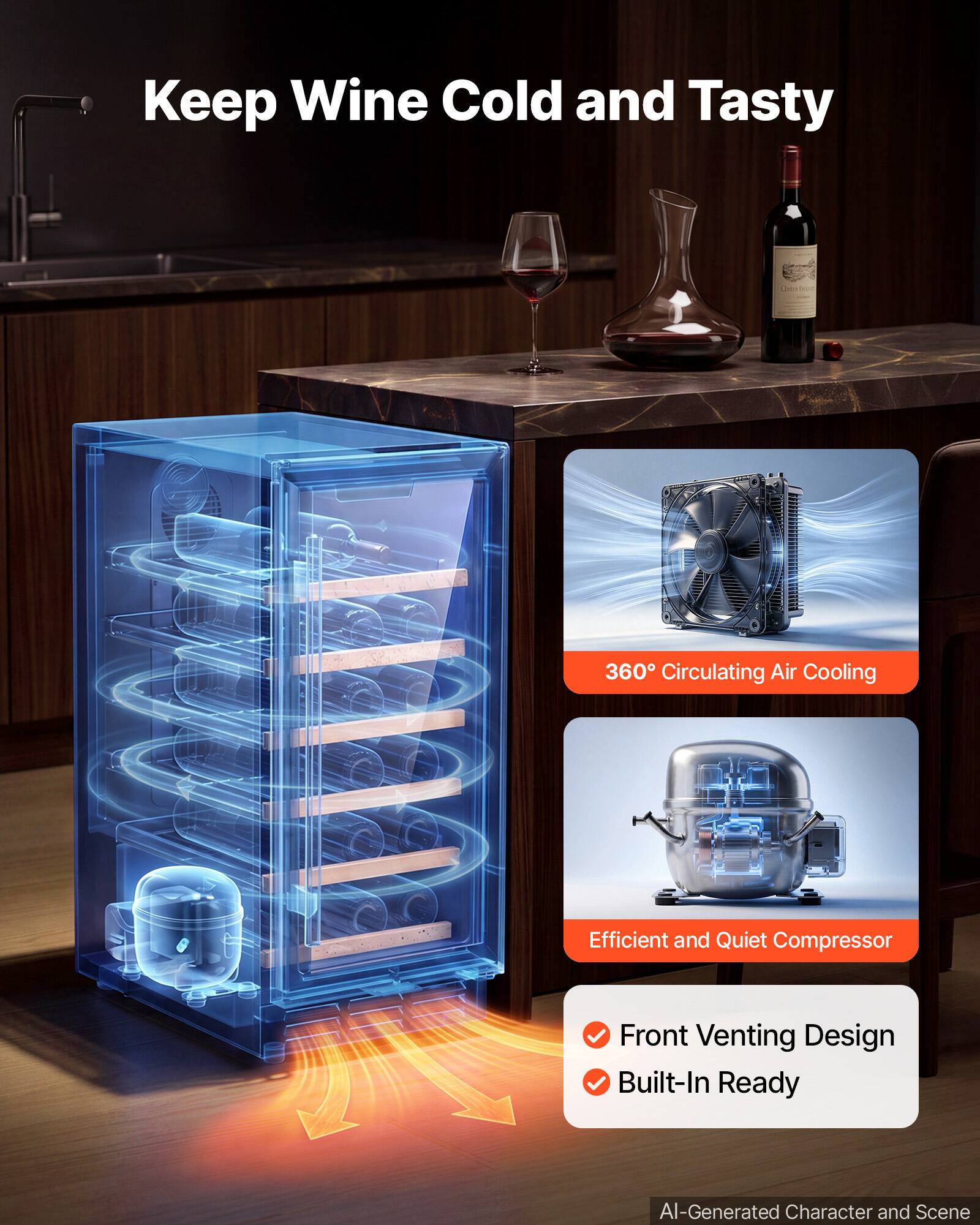 Keep Wine Cold and Tasty

- 360° Circulating Air Cooling
- Efficient and Quiet Compressor
- Front Venting Design
- Built-In Ready

AI-Generated Character and Scene