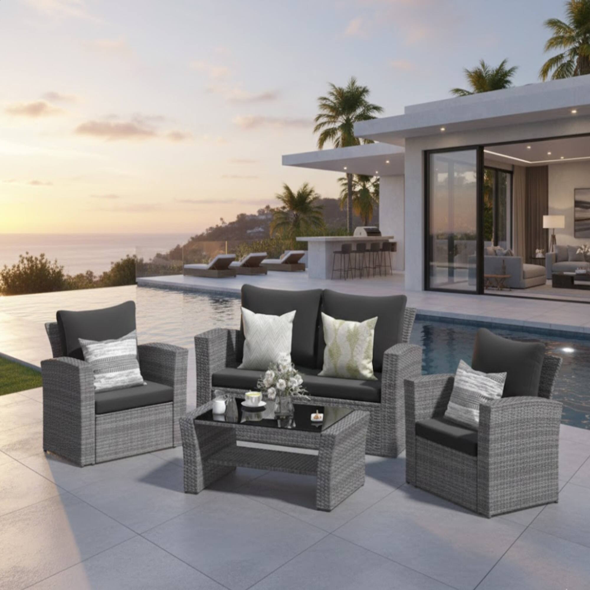 Left. Mondawe - 4-Piece Wicker Patio Conversation Set with Glass Table and Cushions - Black+Brown.