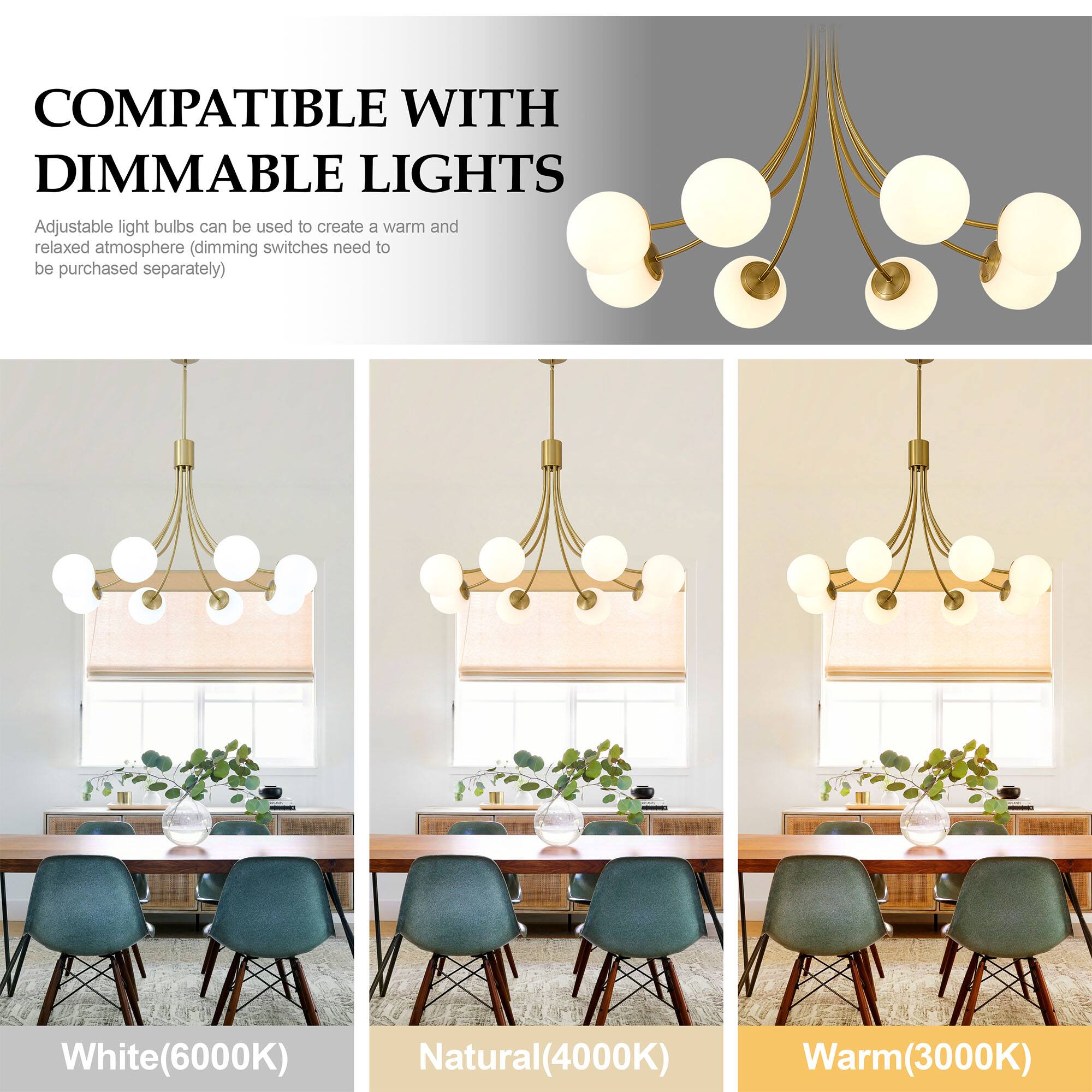 COMPATIBLE WITH DIMMABLE LIGHTS

Adjustable light bulbs can be used to create a warm and relaxed atmosphere (dimming switches need to be purchased separately)

White(6000K)  
Natural(4000K)  
Warm(3000K)