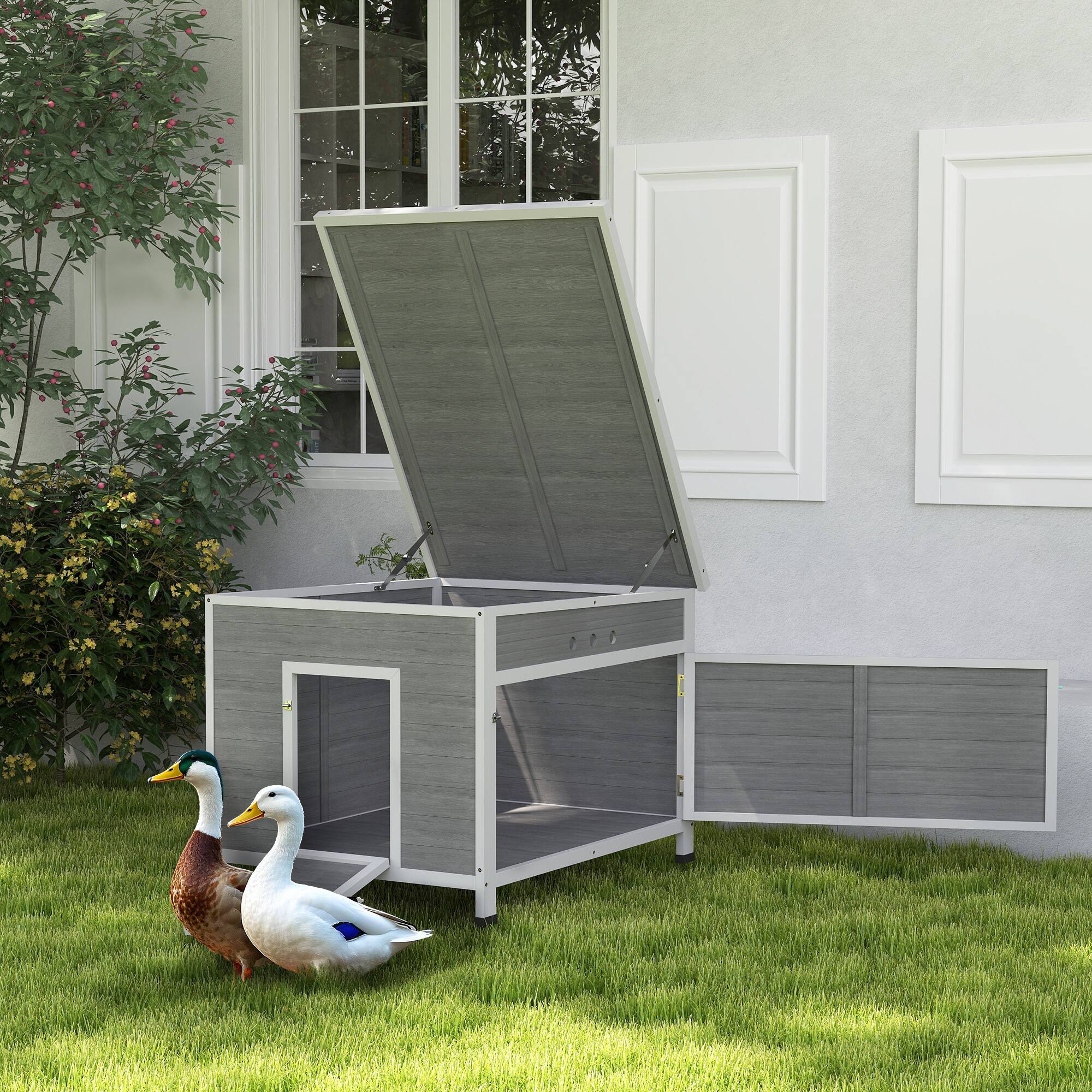 Alt View 1. Pawhut - Duck Coop with Openable Roof, Removable Floor, Double Doors, Ramp, for 3-6 Ducks, Chickens - Light Gray.