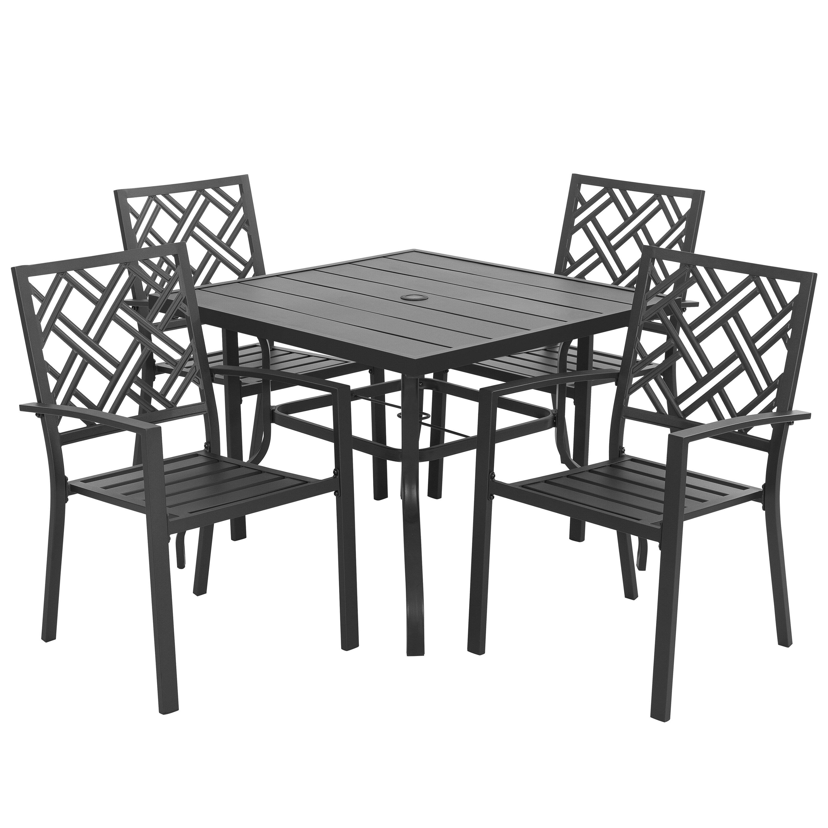 Angle. Nuu Garden - 5-Piece Metal Square Outdoor Dining Set, 37 Inch Square Table with 1.6'' Umbrella Hole and 4 Stackable Chairs - Black.