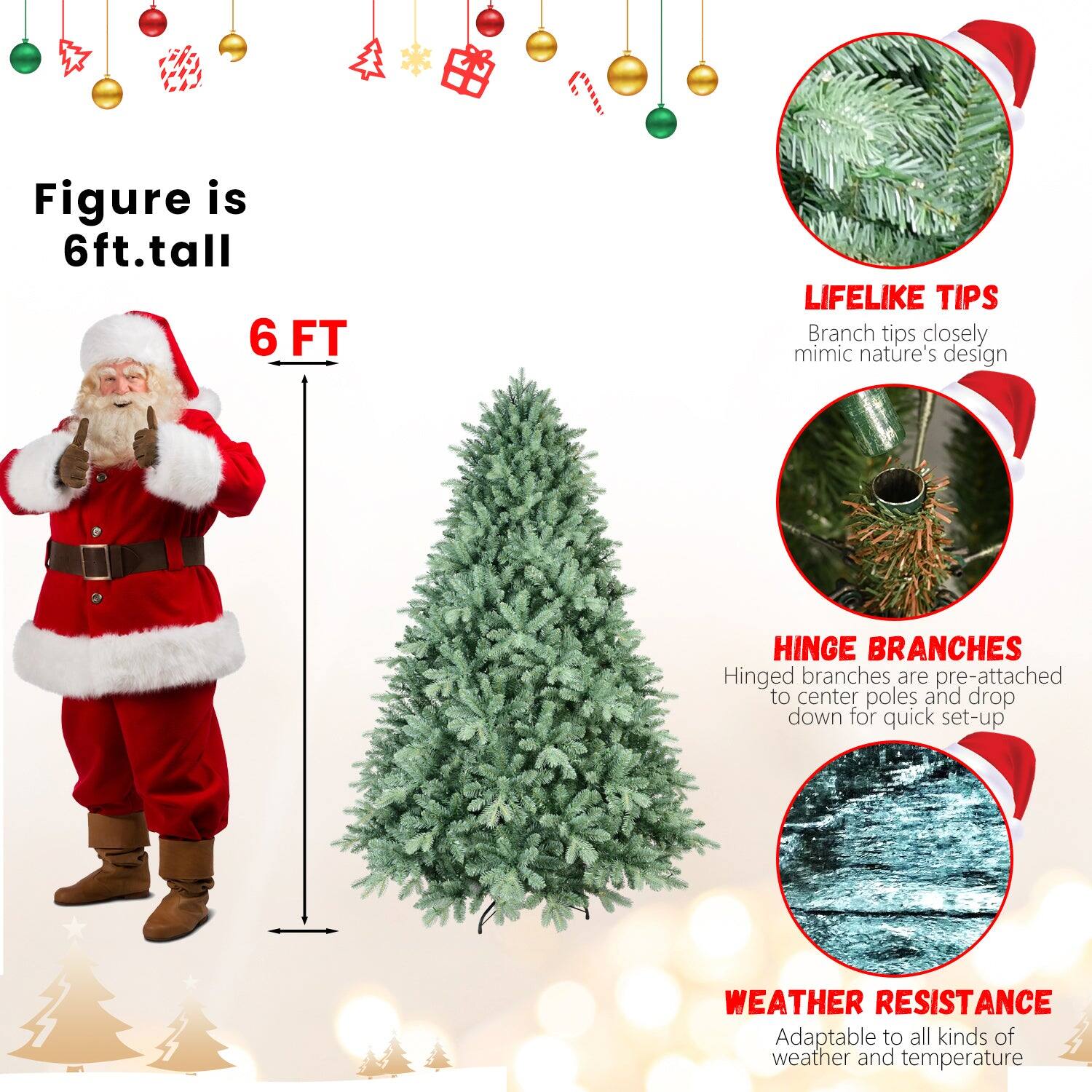 - Figure is 6ft. tall
- 6 FT
- LIFELIKE TIPS: Branch tips closely mimic nature's design
- HINGE BRANCHES: Hinged branches are pre-attached to center poles and drop down for quick set-up
- WEATHER RESISTANCE: Adaptable to all kinds of weather and temperature