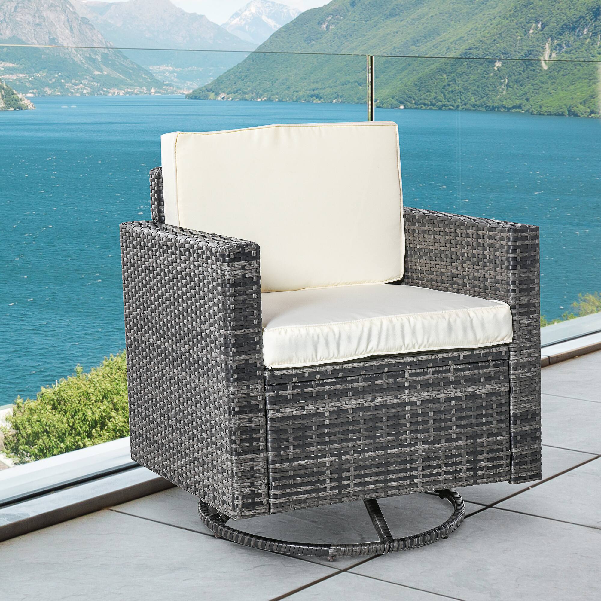 Alt View 1. Outsunny - Outdoor Swivel Rocker, PE Wicker Dining Chair, 360 Degree Swivel Patio Glider with Cushions for Backyard, Lawn, Garden - Beige.