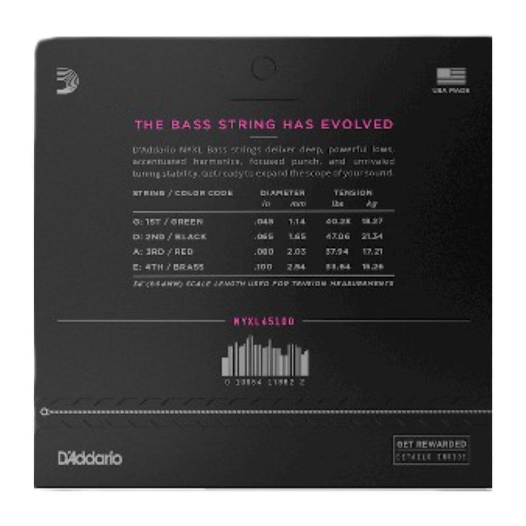 THE BASS STRING HAS EVOLVED

D'Addario NYXL Bass strings deliver deep, powerful lows, accentuated harmonics, and punch, and unrivaled tuning stability. Get ready to expand the scope of your sound.

STRING / COLOR CODE | DIAMETER | TENSION
G: 1ST / GREEN | .048 | 1.14 | 40.38 | 8.84
D: 2ND / BLACK | .060 | 1.55 | 47.06 | 17.21
A: 3RD / RED | .080 | 2.03 | 57.94 | 25.4
E: 4TH / BRASS | .105 | 2.54 | 77.06 | 37.4

NYXL45180

D'Addario

GET REWARDED
DETAIL HERE!