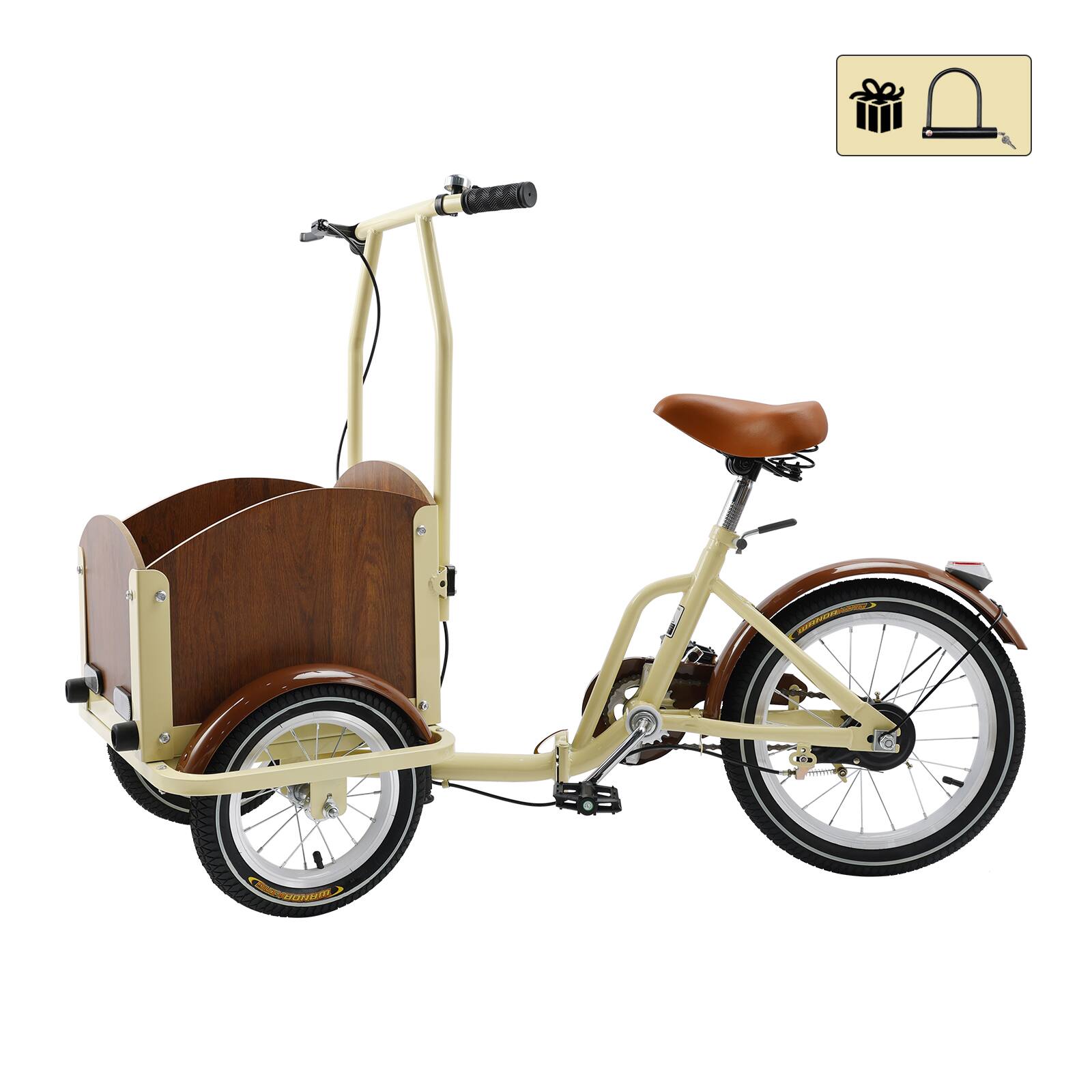 Angle. Topteng - Kid Tricycle Three wheel bike Trike for Child, Boy, Girl, 16 Inch Wheels with Front Wood Cargo Rack for Small Pet, Beige - Cream.