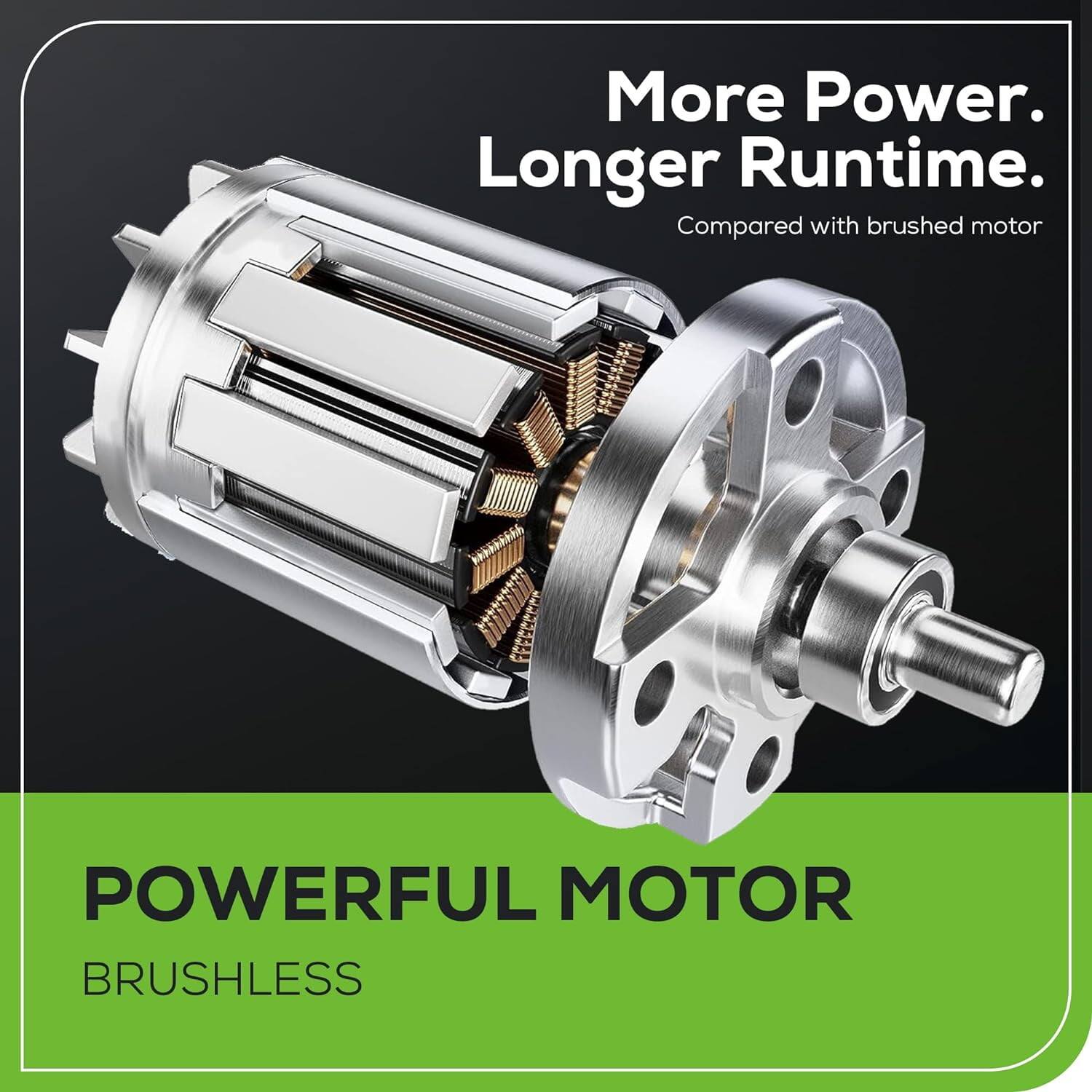 More Power. Longer Runtime.  
Compared with brushed motor  

POWERFUL MOTOR  
BRUSHLESS