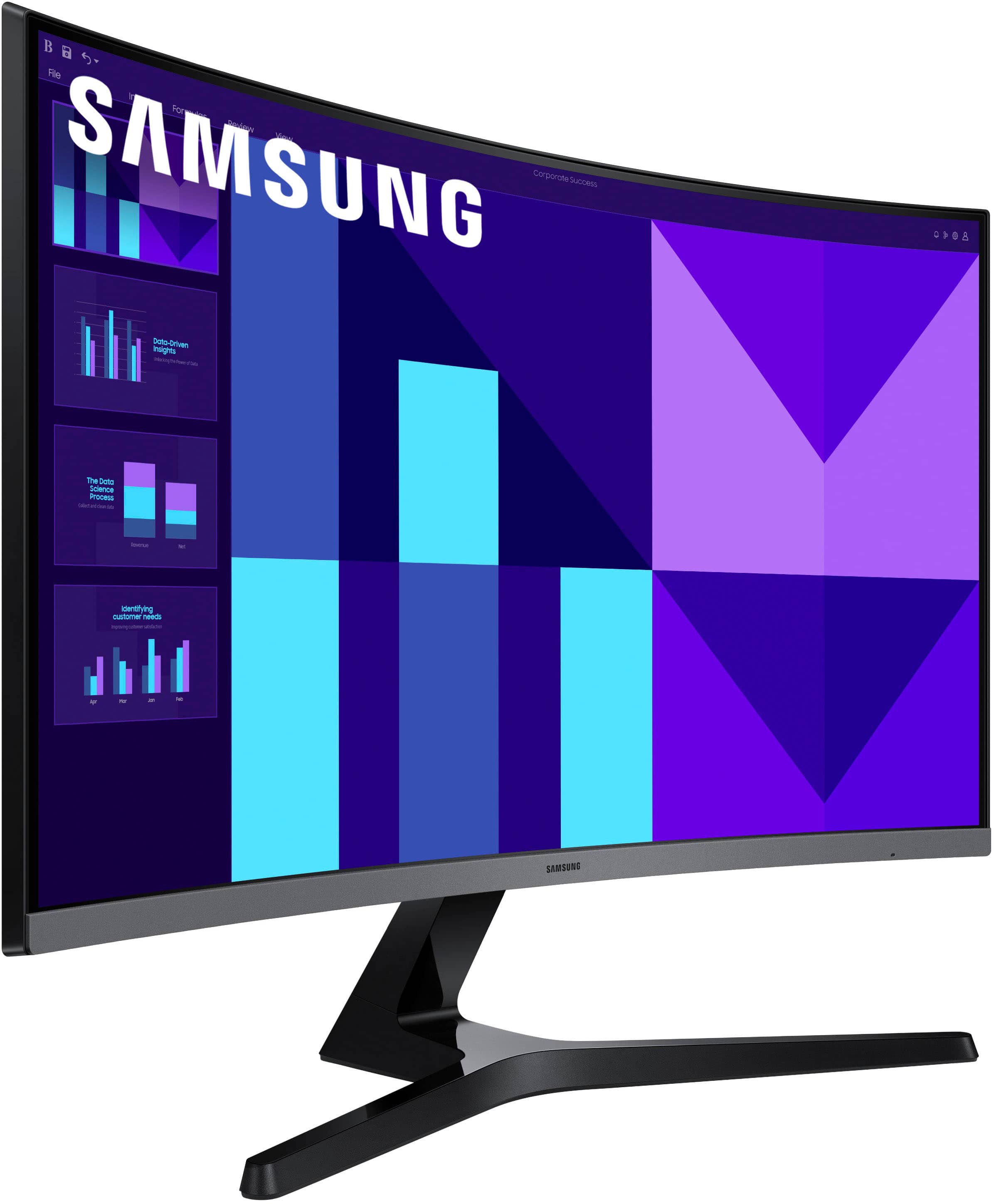 The image displays a large Samsung computer monitor with a purple background. The monitor is turned on and shows a graphic of a computer screen. The text on the image reads "SAMSUNG Corporate sutices buto-Oriven mnsights - I yttn O8 The date Science Process - - - E serdying naiomer - | | : - - - - SAMSUNG." This text seems to be a combination of various phrases and sentences, but it does not provide a clear meaning or context.