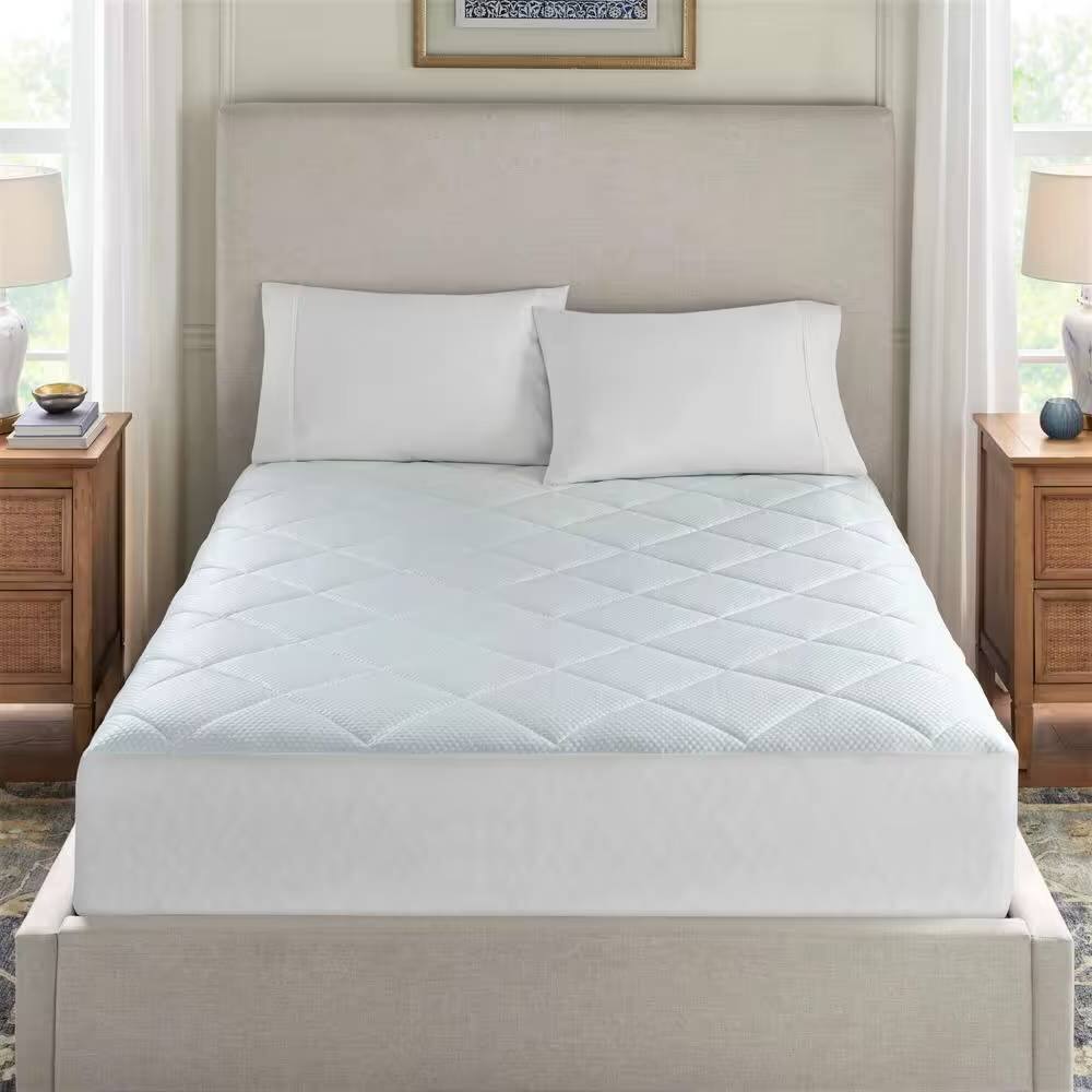 Angle. Hivvago - King size Washable Quilted Mattress Pad with Elastic Fitted Skirt - White.
