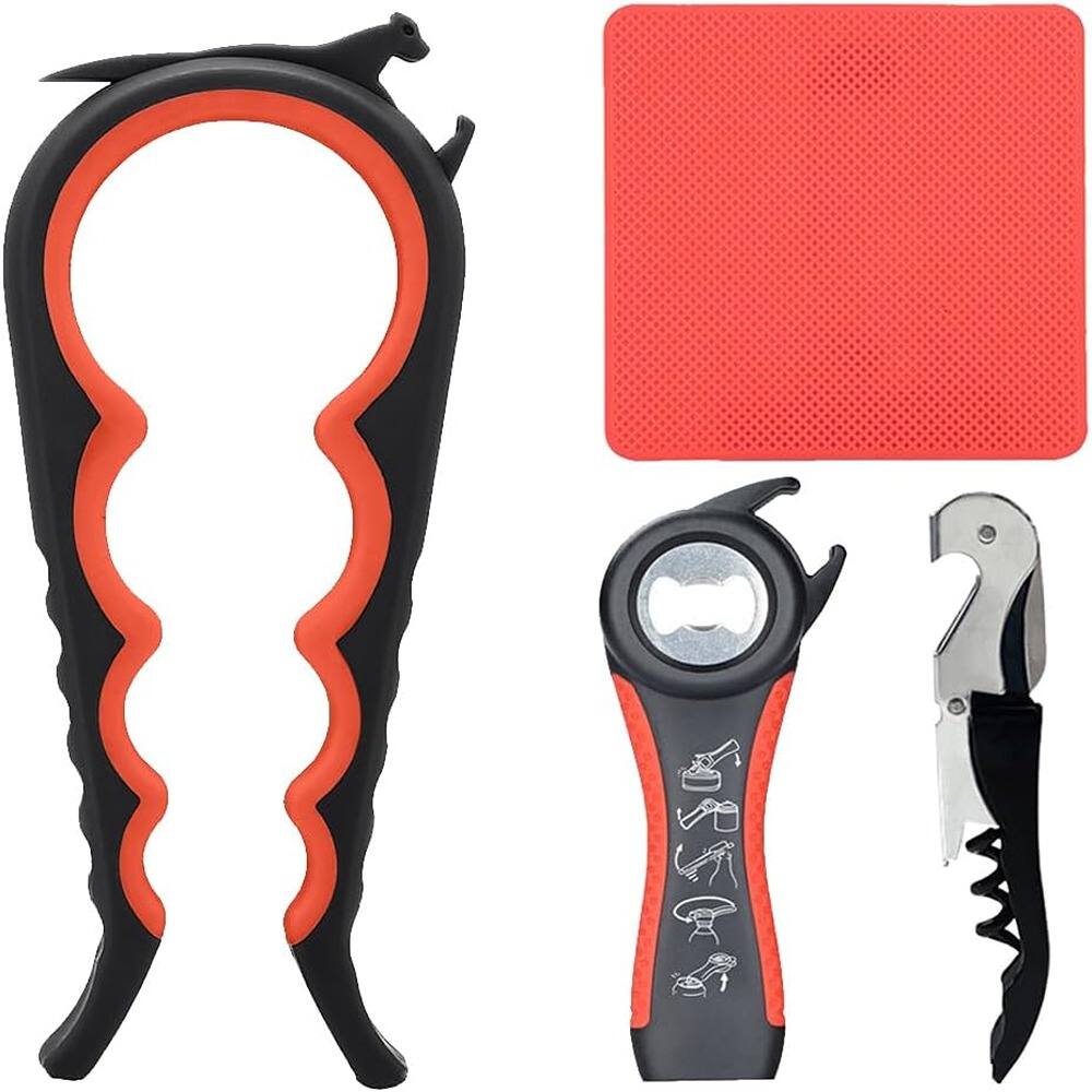 Front. PARKER SLATER - Jar Opener for Seniors, Non-Slip Grip, Multi-Function, Corkscrew - Black and Red.