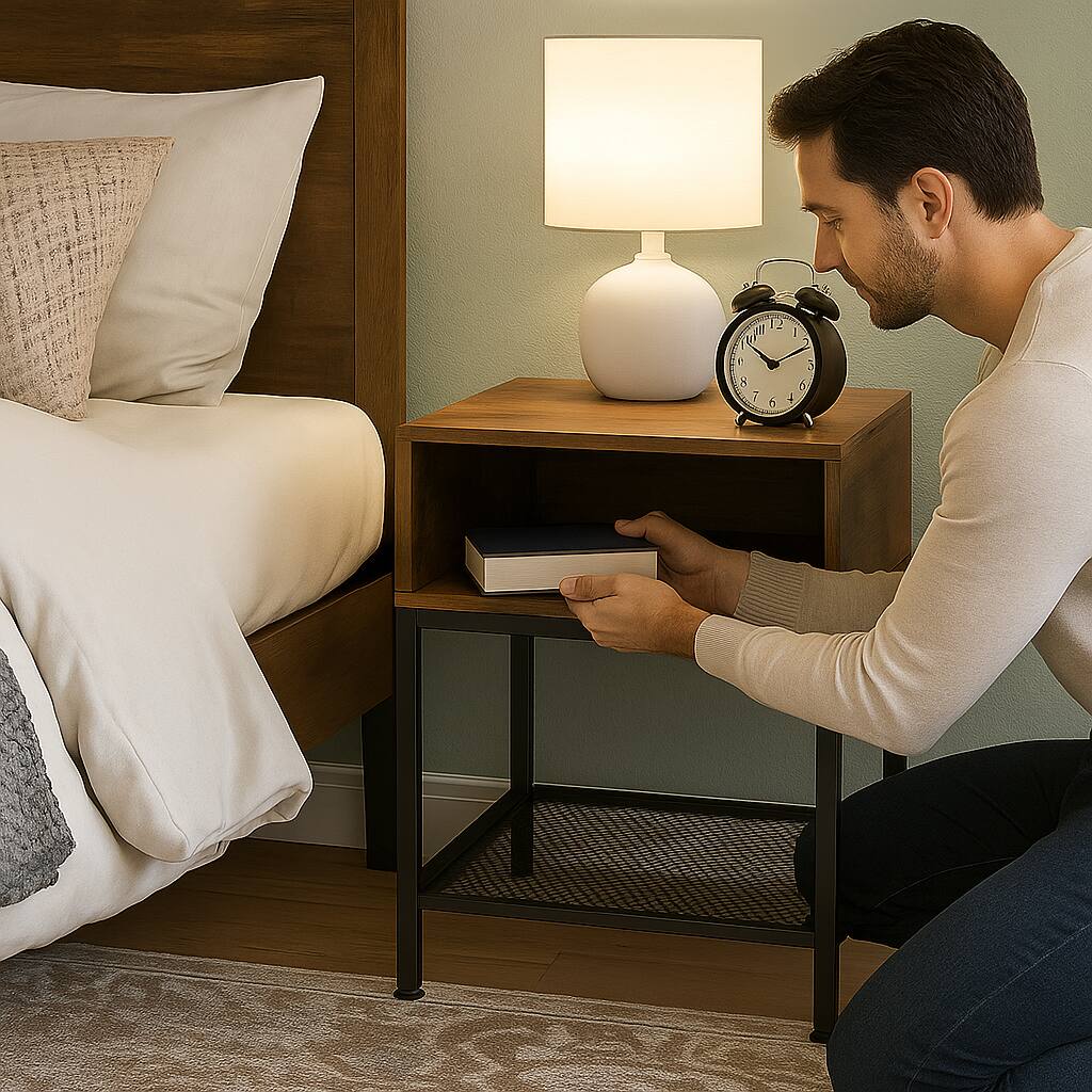 Angle. Hivvago - Accent Table with Mesh Shelf and Industrial Look - Rustic Brown.