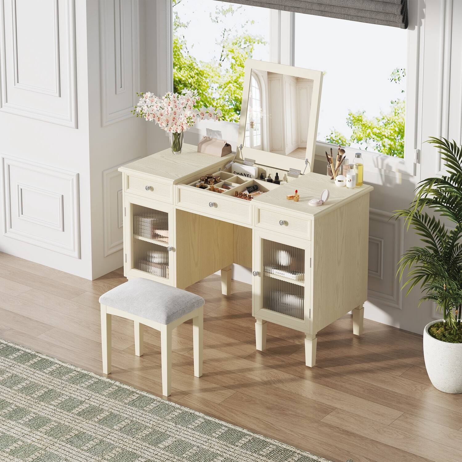 Lirago - Oak 2-in-1 Vanity Desk with Flip-Top Mirror Dressing Table with Drawer Cabinet 20.2”D x 46.5“ W x 29.7“ H - White
