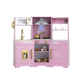 Resenkos - Wooden Pretend Play Kitchen with Range Hood, Sounds & Lights - Interactive Toy - Pink