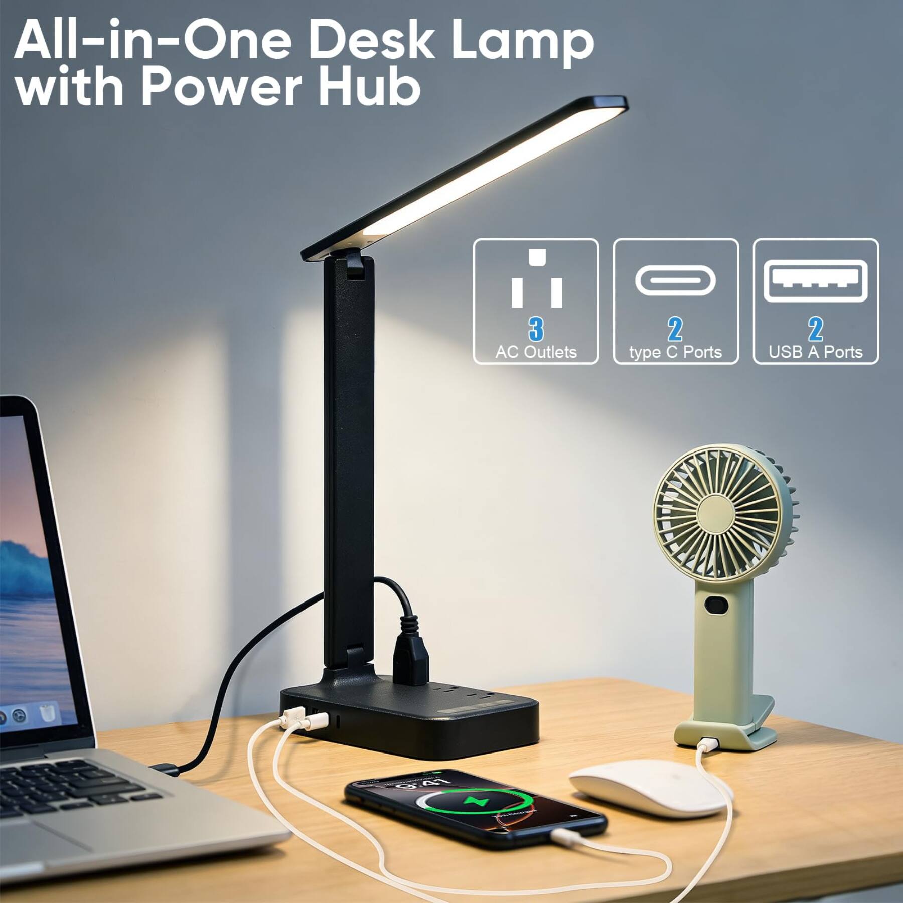 All-in-One Desk Lamp with Power Hub

3 AC Outlets
2 type C Ports
2 USB A Ports