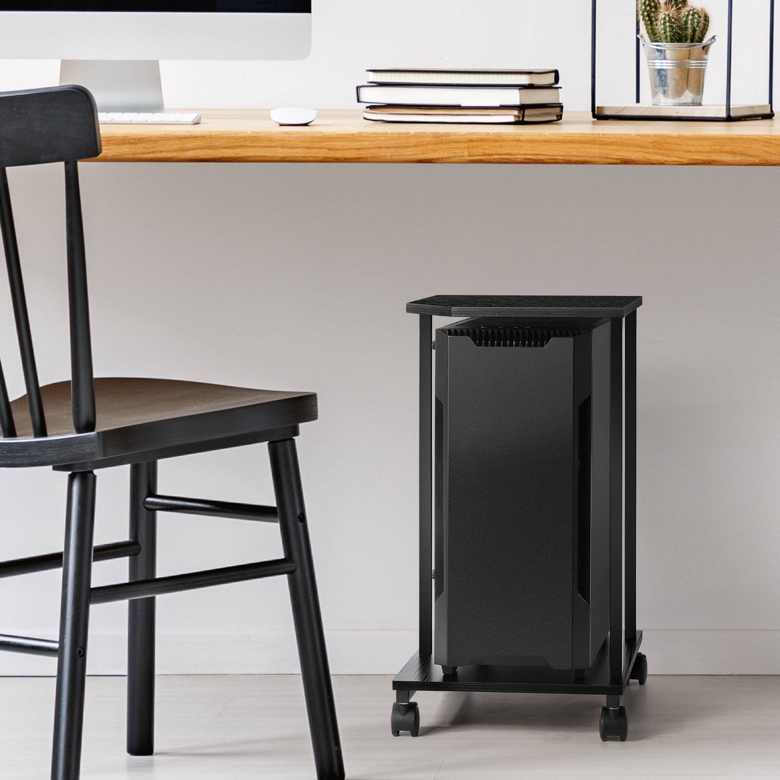 Alt View 1. Oumilen - Black 2-Tier Rolling CPU Stand with Water-Resistant Wood Shelves - Black.