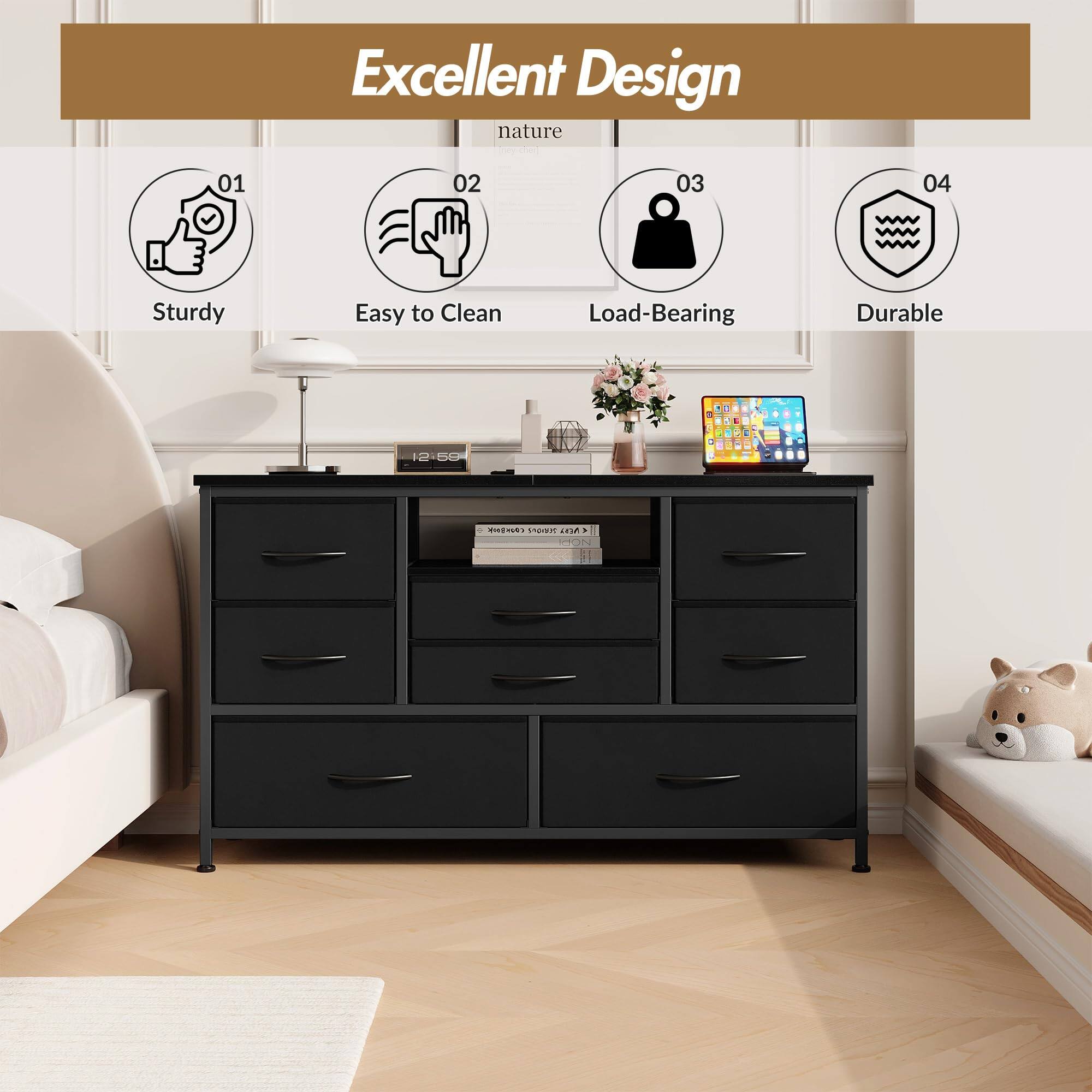 GARVEE - 8 Drawer LED TV Stand with Power Outlet, Media Console for 55-Inch TVs, 22 Color Lighting Modes Storage Cabinet - Black