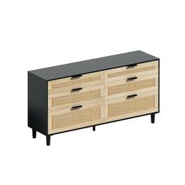 Spaco - 59" Rattan 6-Drawer Dresser, Metal Handle and Wood Legs, for Bedroom, Living Room, Hallway - Black