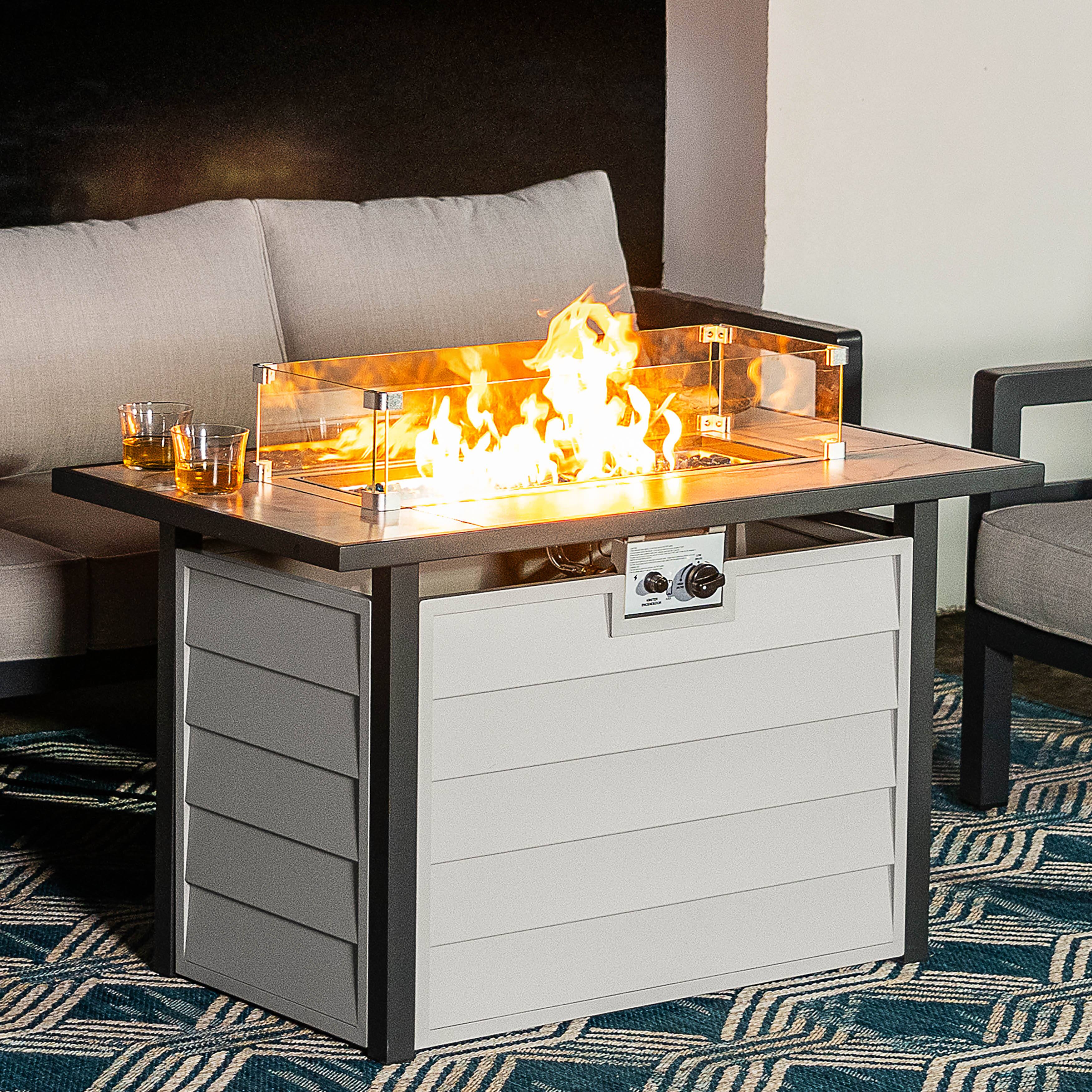 Alt View 9. Nuu Garden - 43'' Outdoor Propane Gas Fire Pit Table with Marble Texture Glass Tabletop - fire pit body-ivory white.