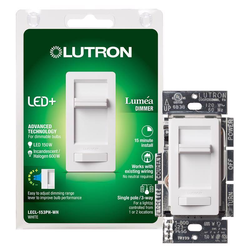 LUTRON LED+ ADVANCED TECHNOLOGY  
For dimmable bulbs  
LED 150W  
Incandescent/ Halogen 600W  
Easy to adjust dimming range lever to improve bulb performance  
LECL-153PH-WH WHITE  

LUTRON Luméa DIMMER  
15 minute install  
Works with existing wiring  
No neutral required  
Single pole/3-way  
For a light(s) controlled from 1 or 2 locations  

LUTRON  
COOPERSBURG, PA  
120 V~  
60 Hz  
UP 6B38  

1-800 600 W  
523 IHC  
BAL 9466  
O7 I  
Tay39  
150 W eL LED