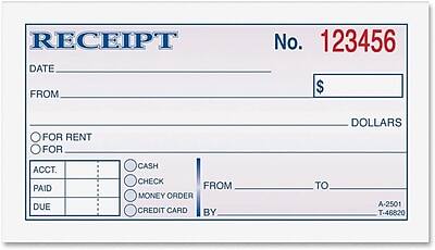 RECEIPT
No. 123456
DATE _______
FROM _______
$ _______ DOLLARS
FOR RENT
FOR _______
ACCT. _______
PAID _______
DUE _______
CASH
CHECK
MONEY ORDER
CREDIT CARD
FROM _______ TO _______
BY _______
A-2501
T-46820