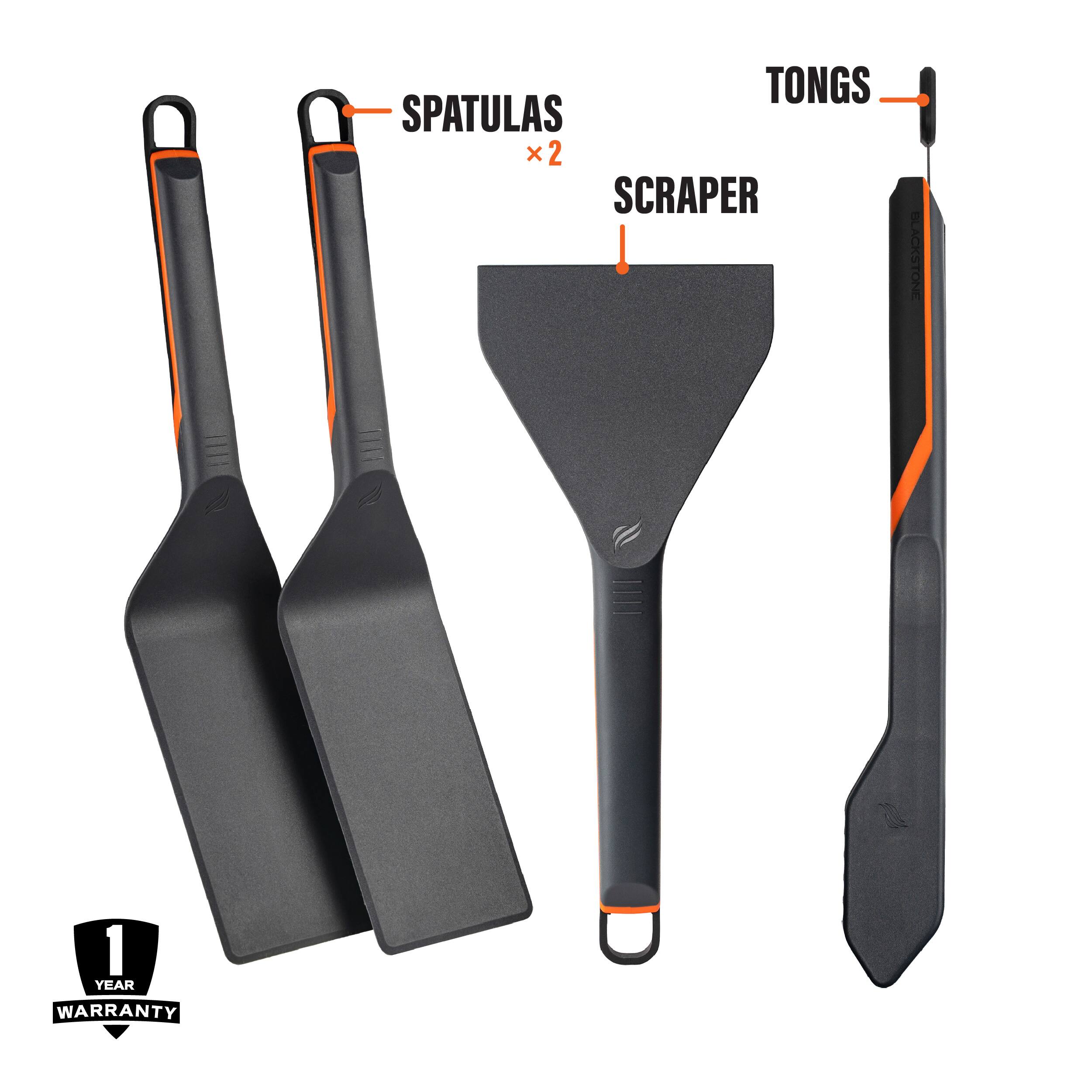 Tongs, Spatulas, Scraper, Blackstone, 1 Year Warranty.