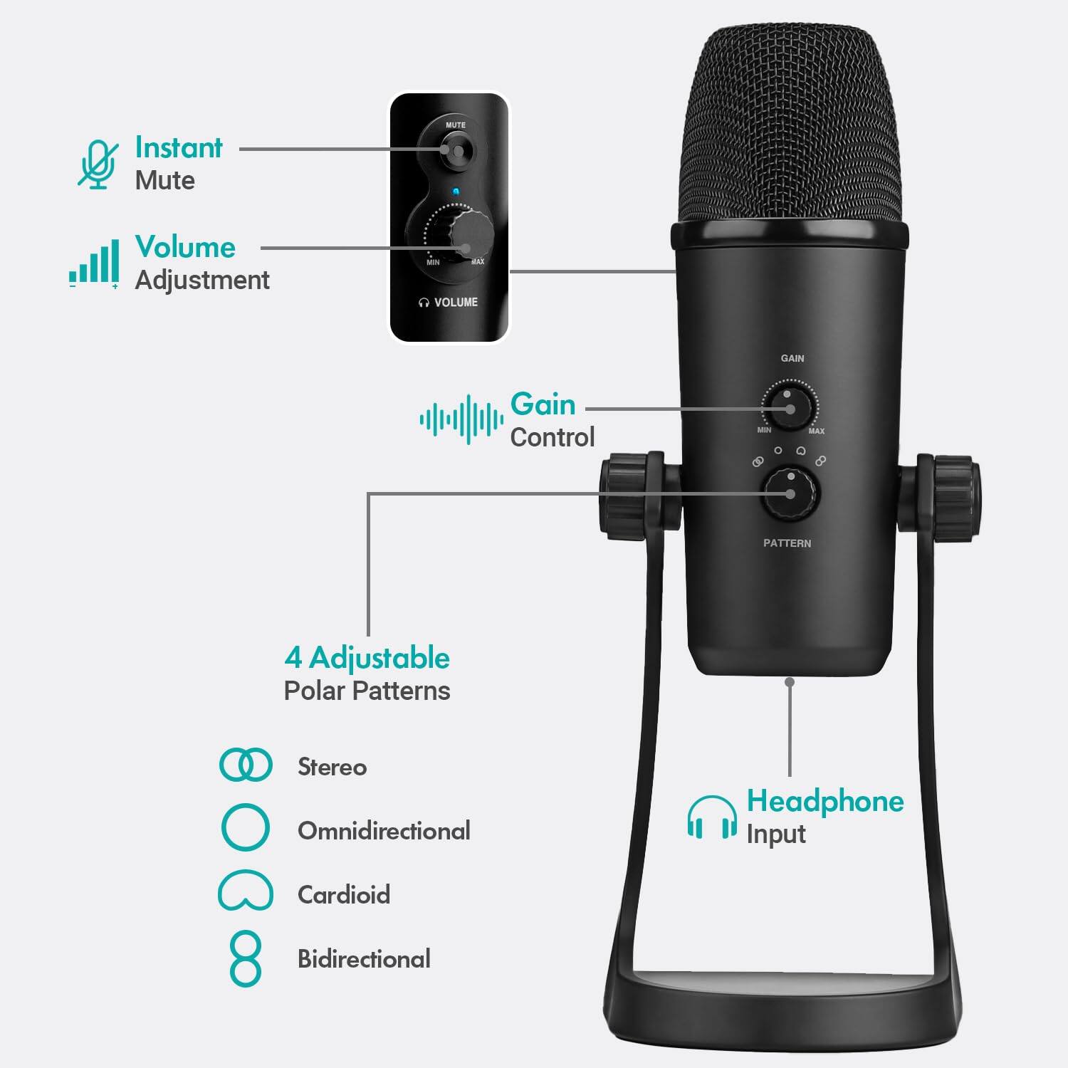 Instant Mute  
Volume Adjustment  
Gain Control  
4 Adjustable Polar Patterns  
Stereo  
Omnidirectional  
Cardioid  
Bidirectional  
Headphone Input
