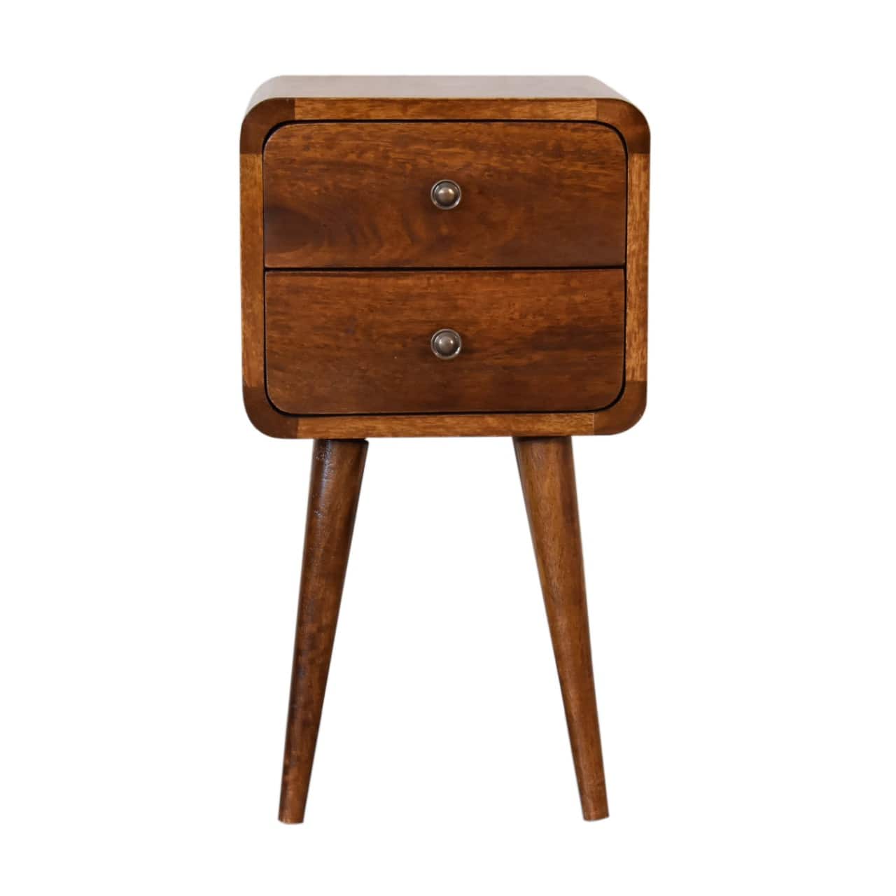 Artisan Furniture - Solid Wood Mini Curved Nightstand, 2 Drawers, Nordic legs, Brown - Chestnut