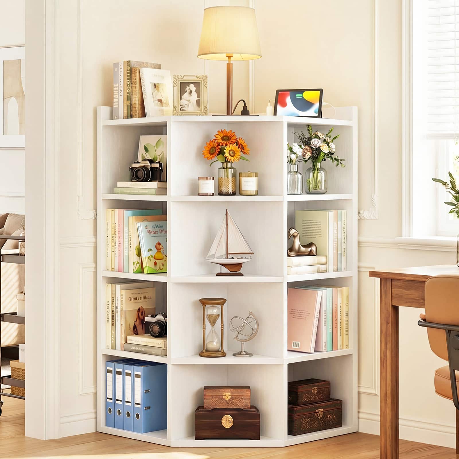 Aheaplus - 5-Tier Corner Cabinet with Power Outlets:12-Cube L-Shaped Storage Shelf with Top Table, Wooden Bookcase for Home/Office - White