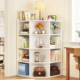 Aheaplus - 5-Tier Corner Cabinet with Power Outlets:12-Cube L-Shaped Storage Shelf with Top Table, Wooden Bookcase for Home/Office - White