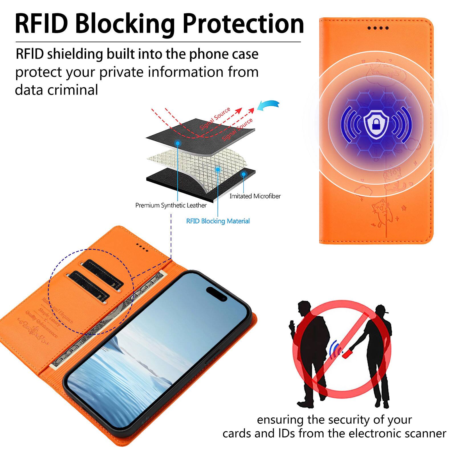 RFID Blocking Protection

RFID shielding built into the phone case protect your private information from data criminal

Premium Synthetic Leather
Imitated Microfiber
RFID Blocking Material

ensuring the security of your cards and IDs from the electronic scanner