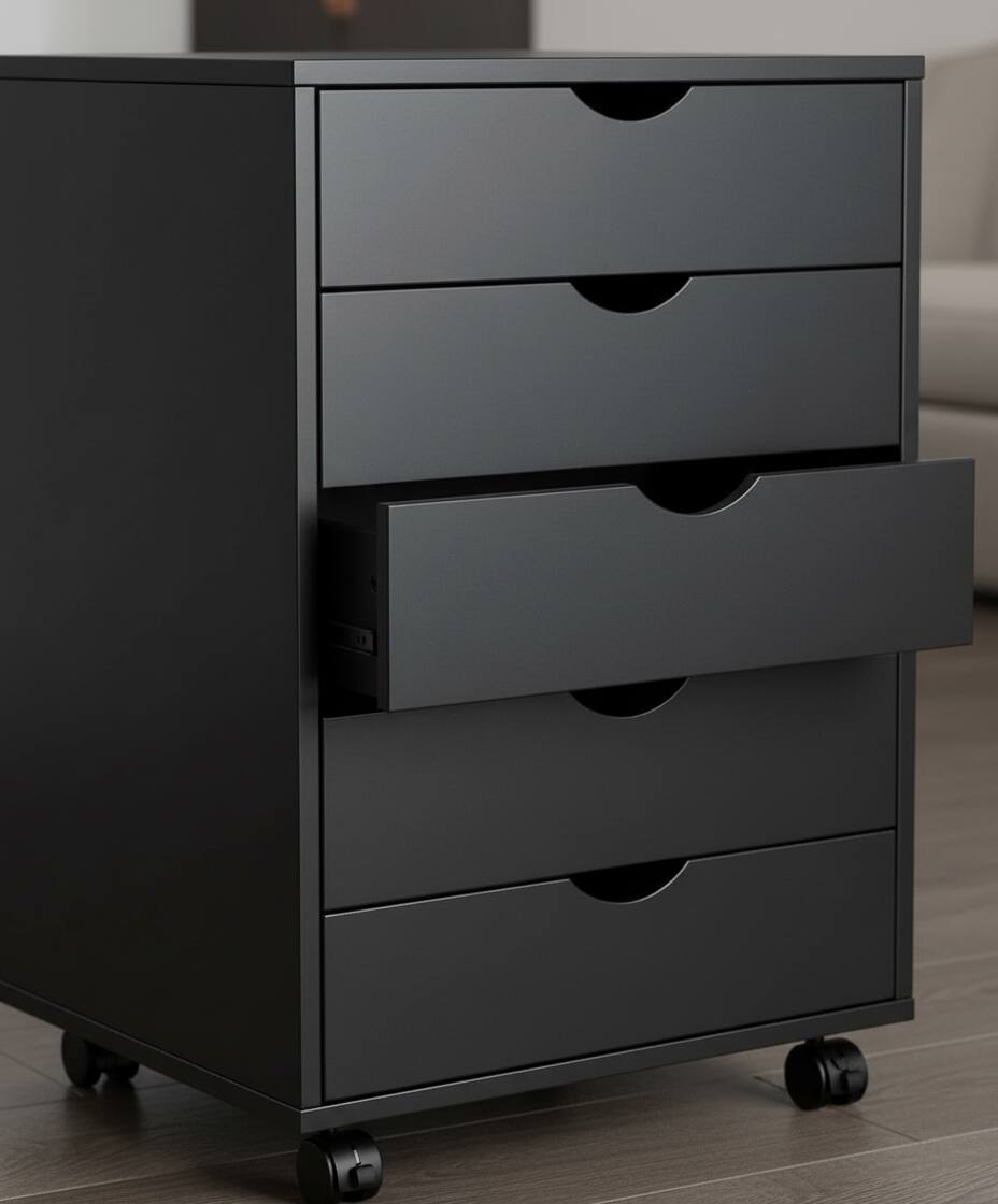 Left. AOITUN - Dark Black Wood 5-Drawer Chest - Rolling Dresser with Drawers for Bedroom & Office - Black.