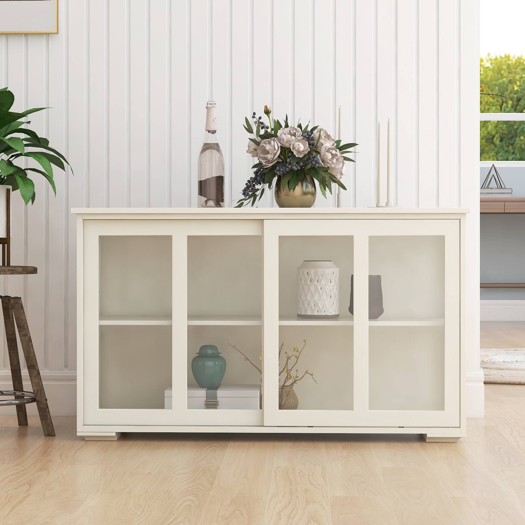 Back. Spaco - Spaco Kitchen Storage Cabinet,Sideboard Buffet with Sliding Glass Doors, Adjustable Shelves for Kitchen Dining Room - White.