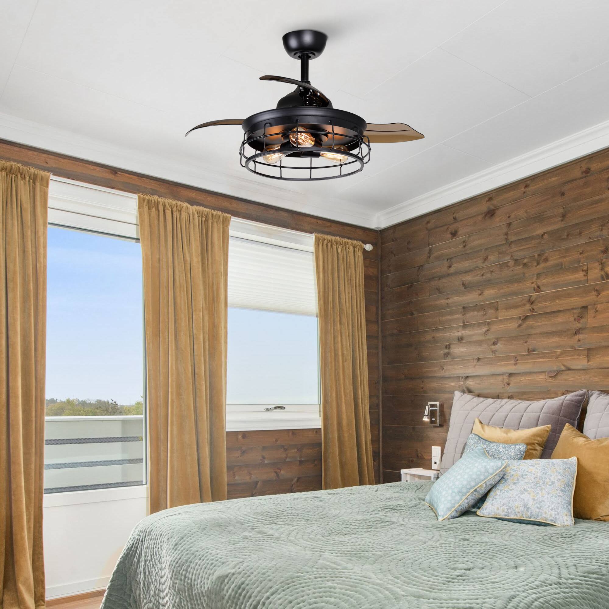 Left. Parrot Uncle - 36" Industrial Black 3-blade Ceiling Fan with Remote - Matte Black.